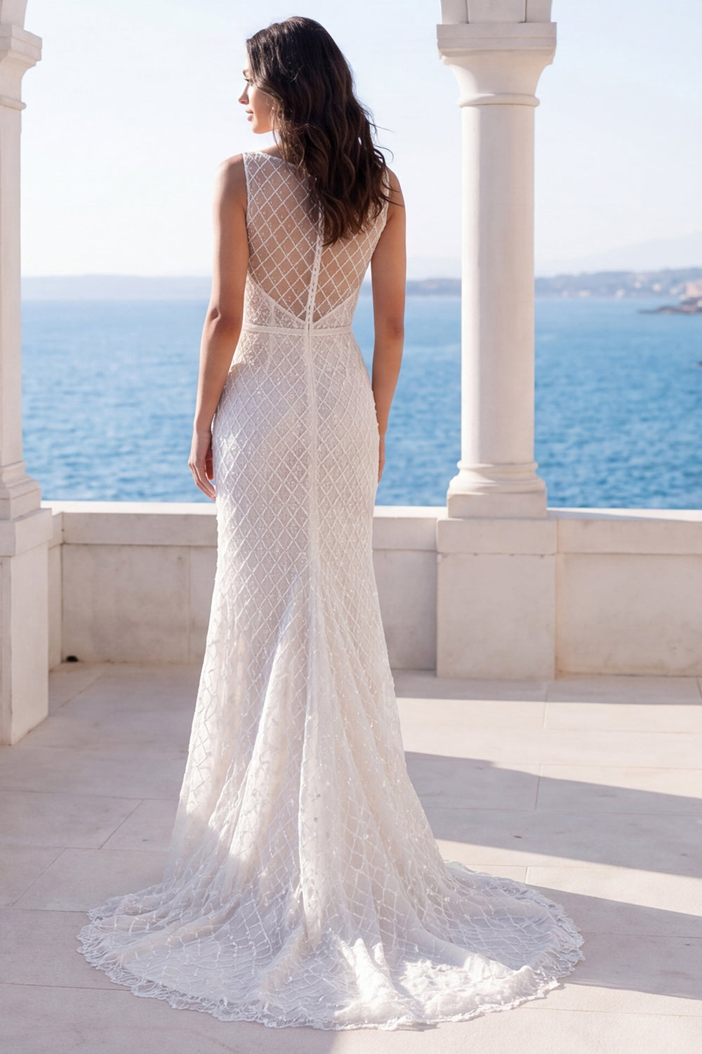 Sparkly Ivory Sweep Train Mermaid Beaded Reception Dress for Bride