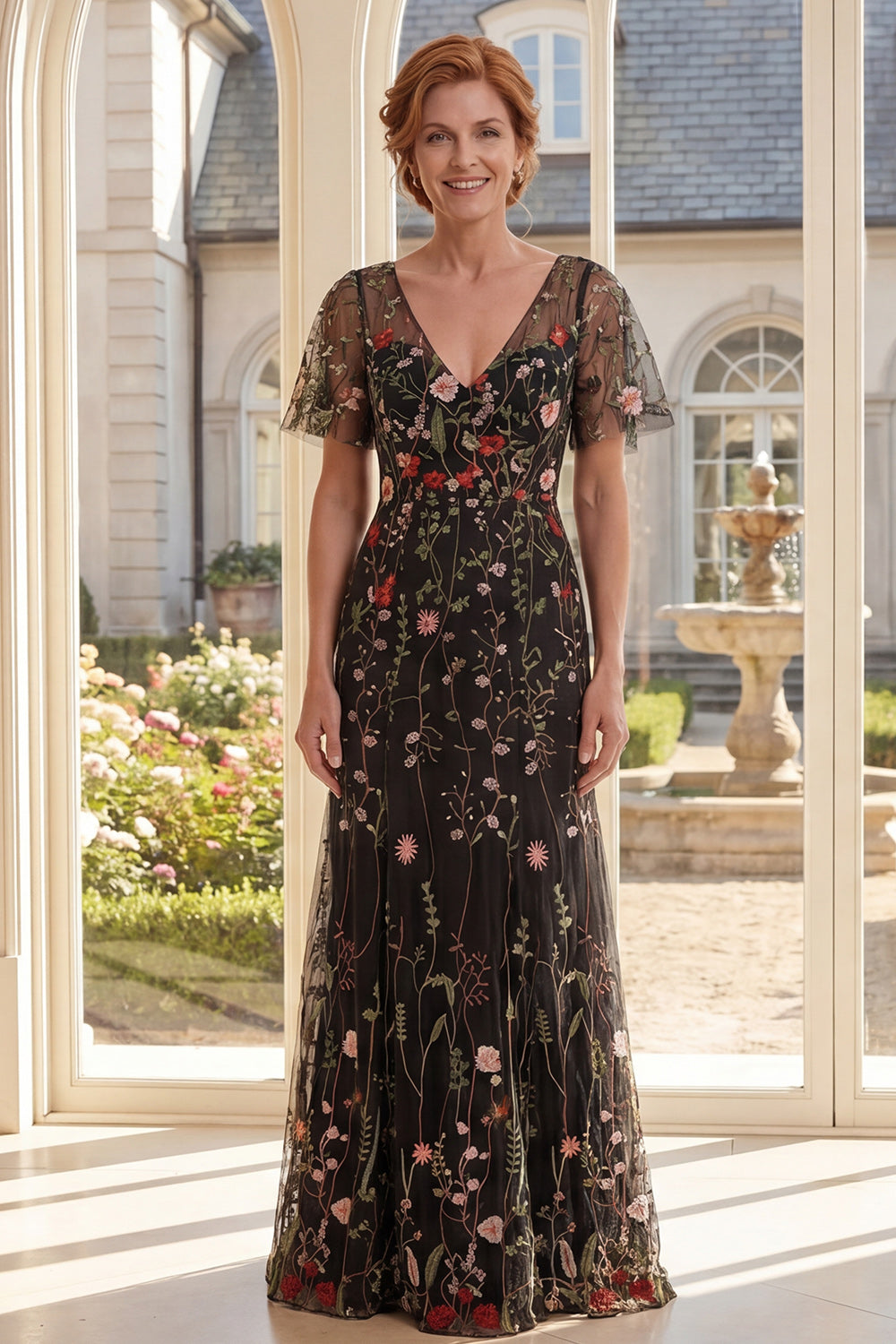 Black Floral V-Neck A Line Long Mother of the Bride Dress