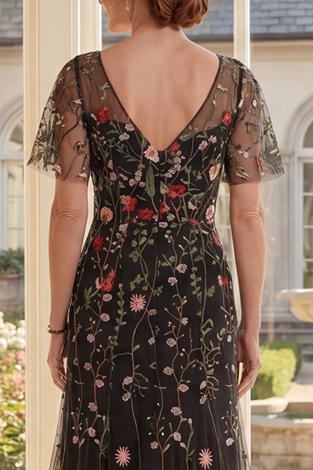 Black Floral V-Neck A Line Long Mother of the Bride Dress