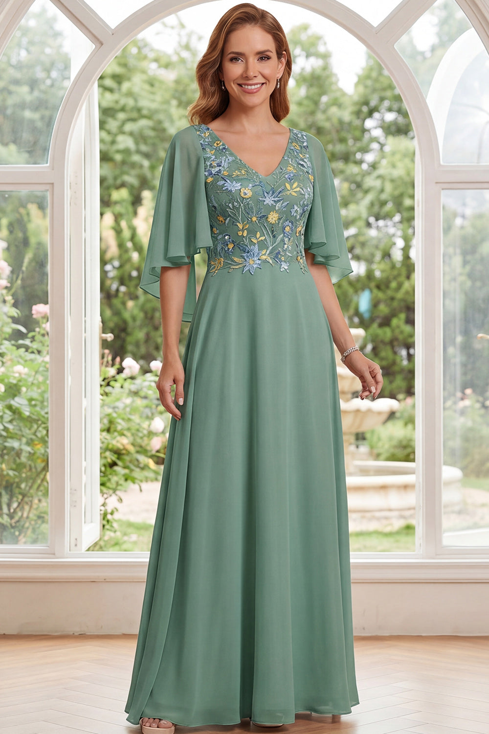 Sage Green Floral V-Neck A Line Long Mother of the Bride Dress