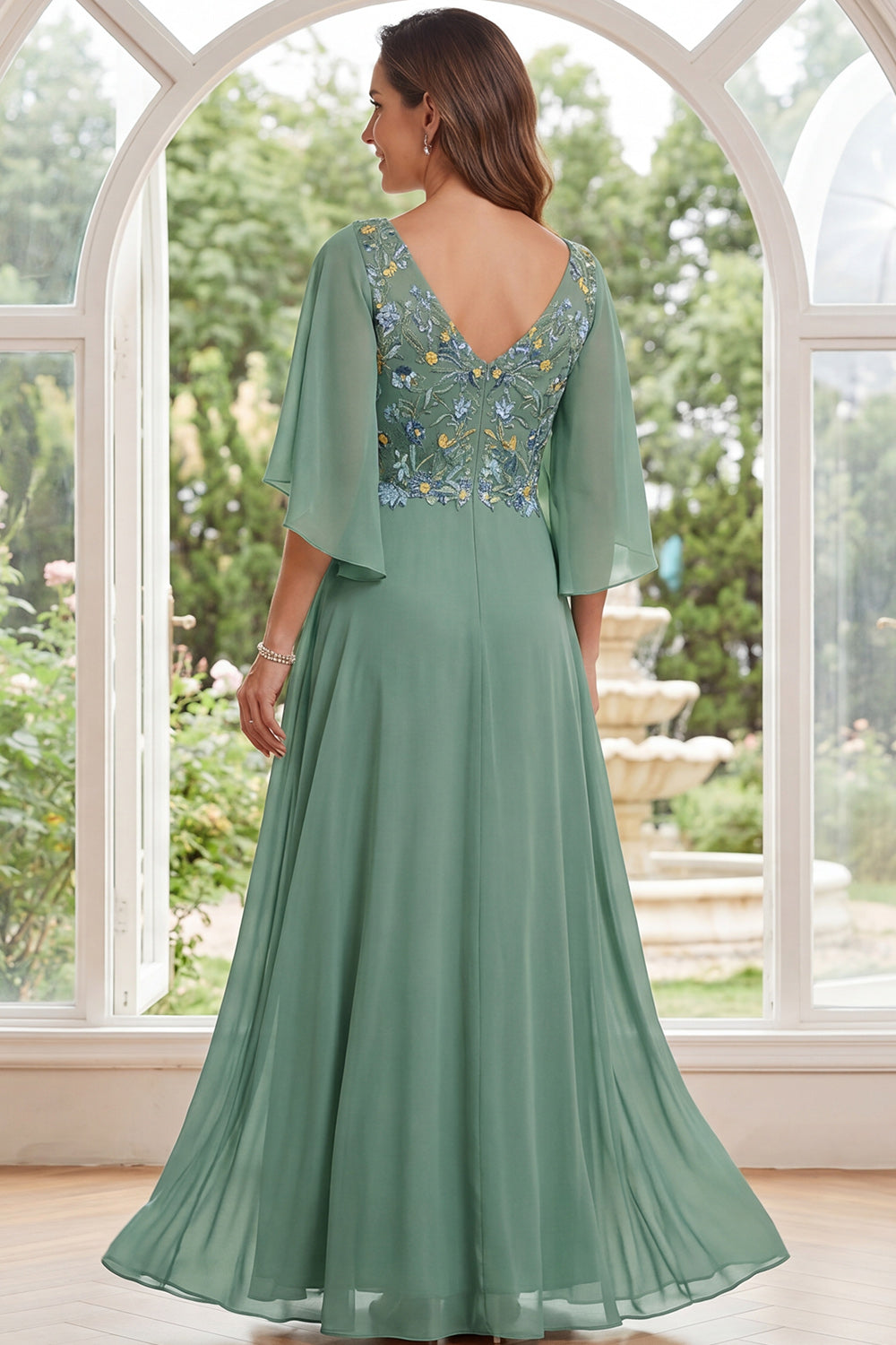 Sage Green Floral V-Neck A Line Long Mother of the Bride Dress