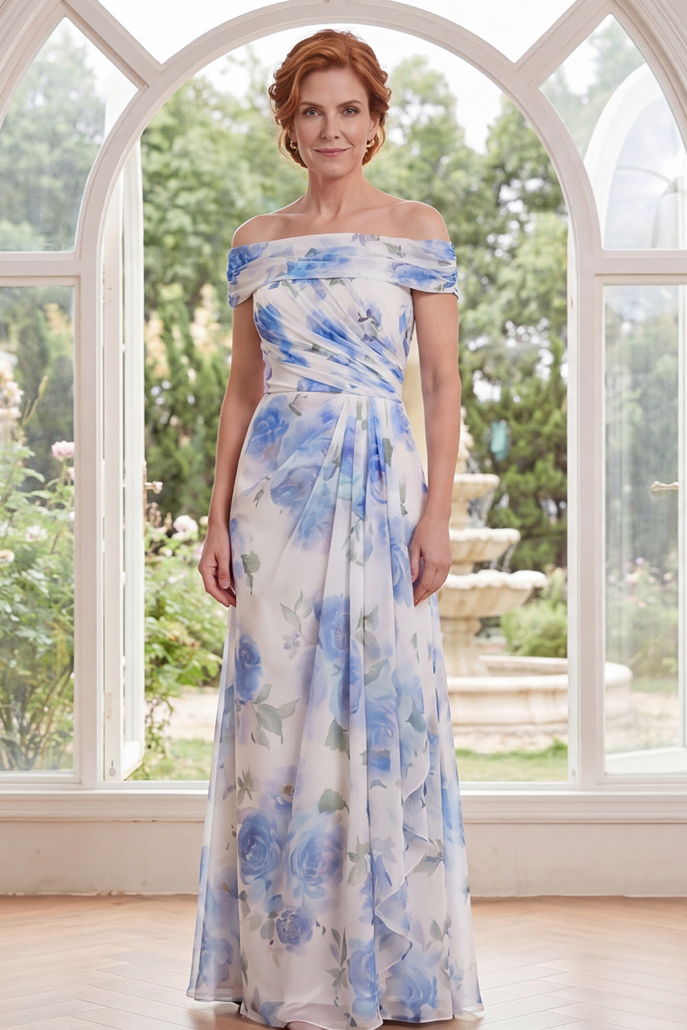 White Blue Flower A Line Long Ruched Mother of the Bride Dress