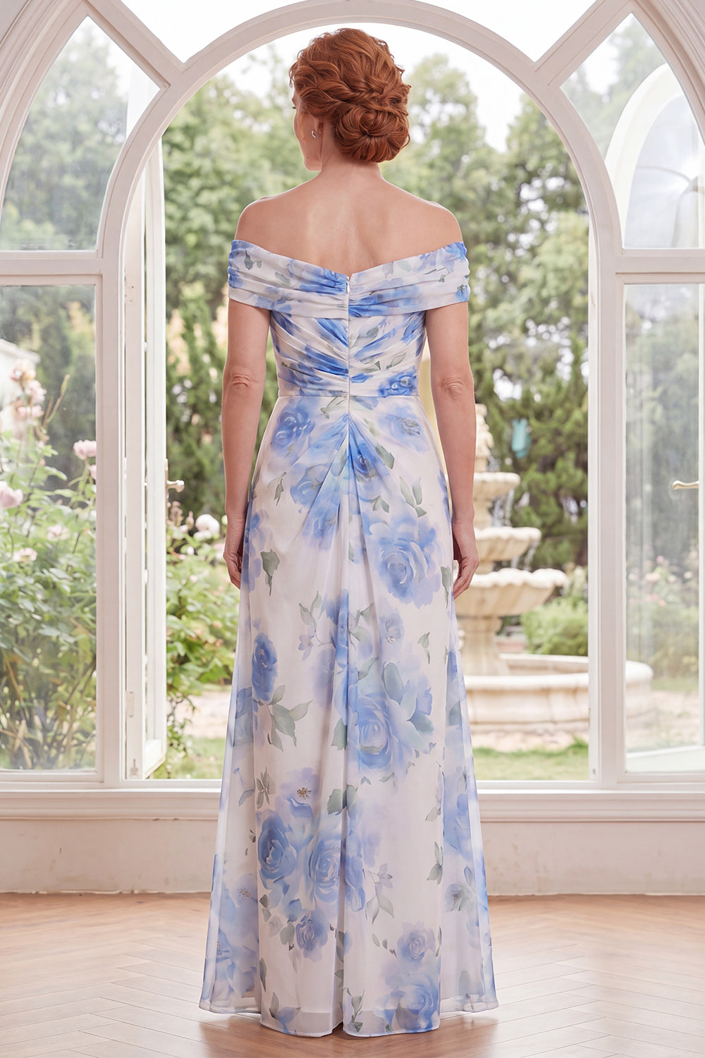 White Blue Flower A Line Long Ruched Mother of the Bride Dress