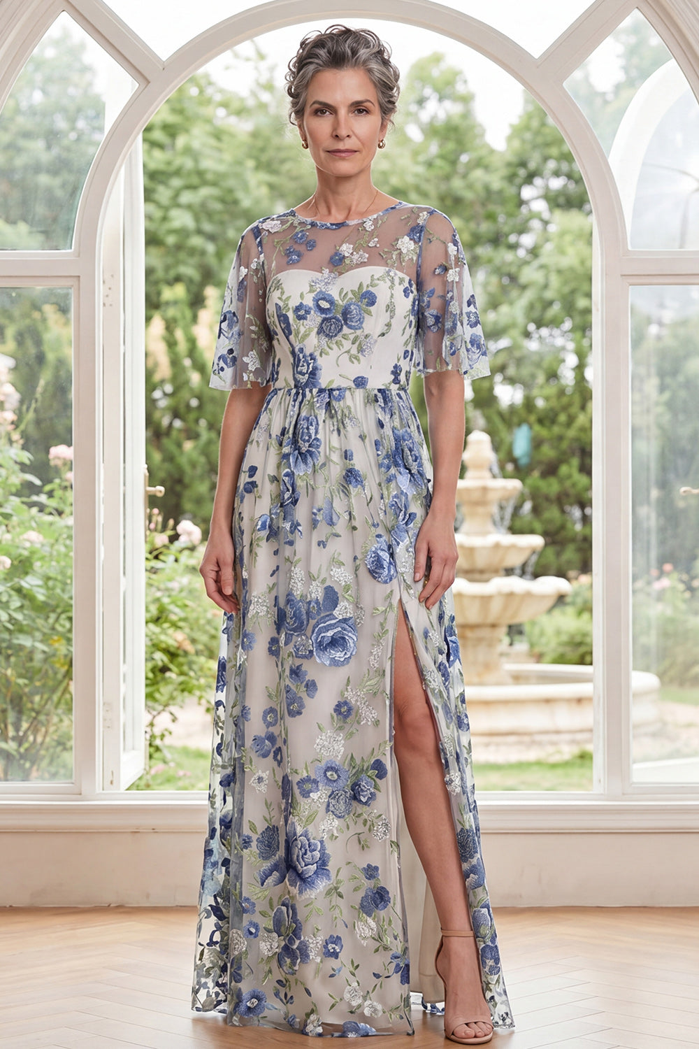 Blue Flower A Line Boat Neck Long Mother of the Bride Dress with Slit