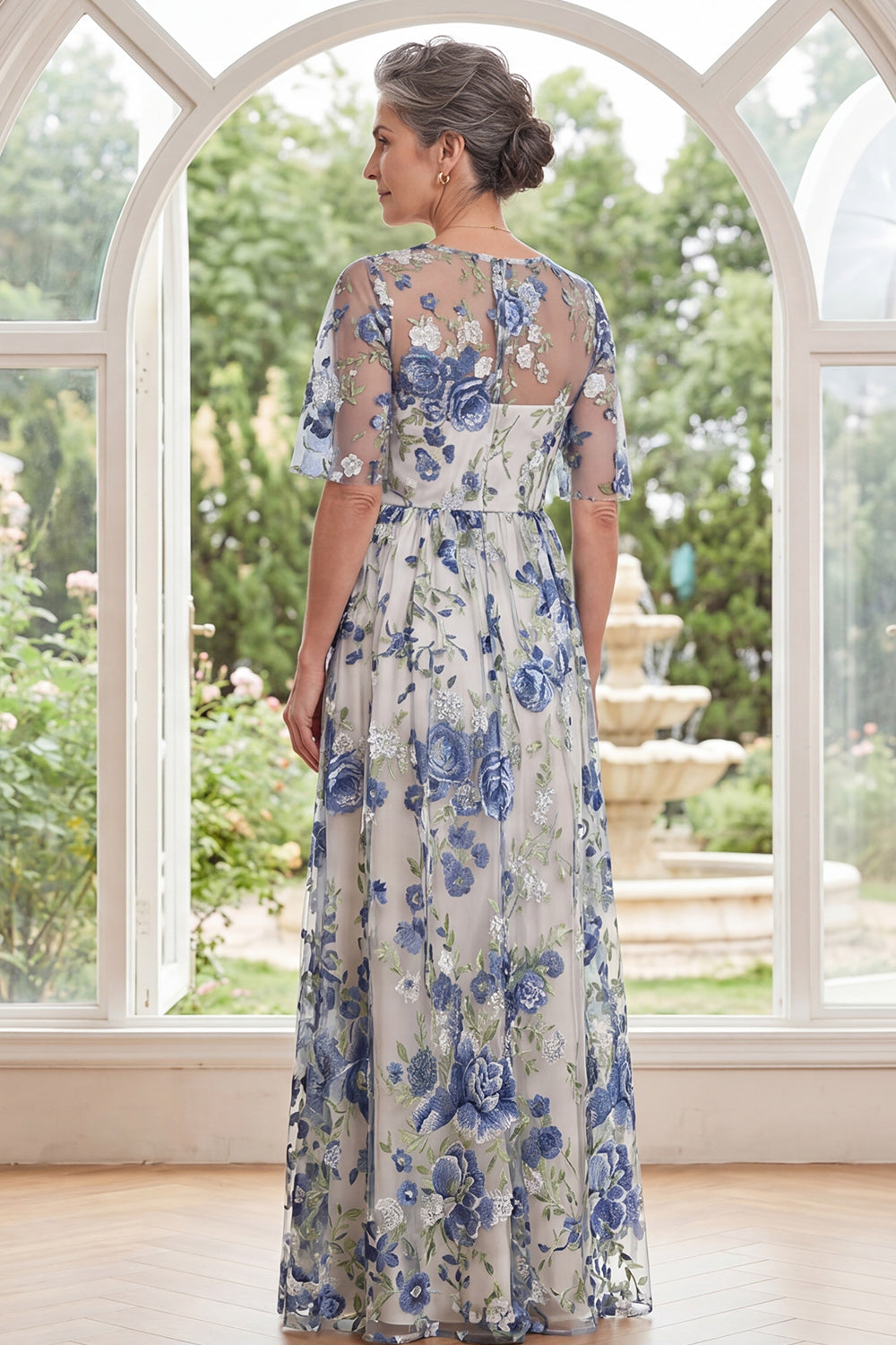 Blue Flower A Line Boat Neck Long Mother of the Bride Dress with Slit