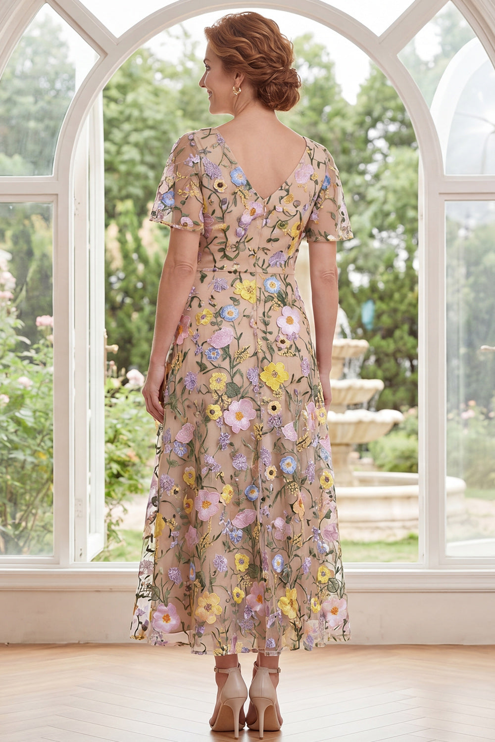 Champagne Floral V-Neck A Line Long Mother of the Bride Dress