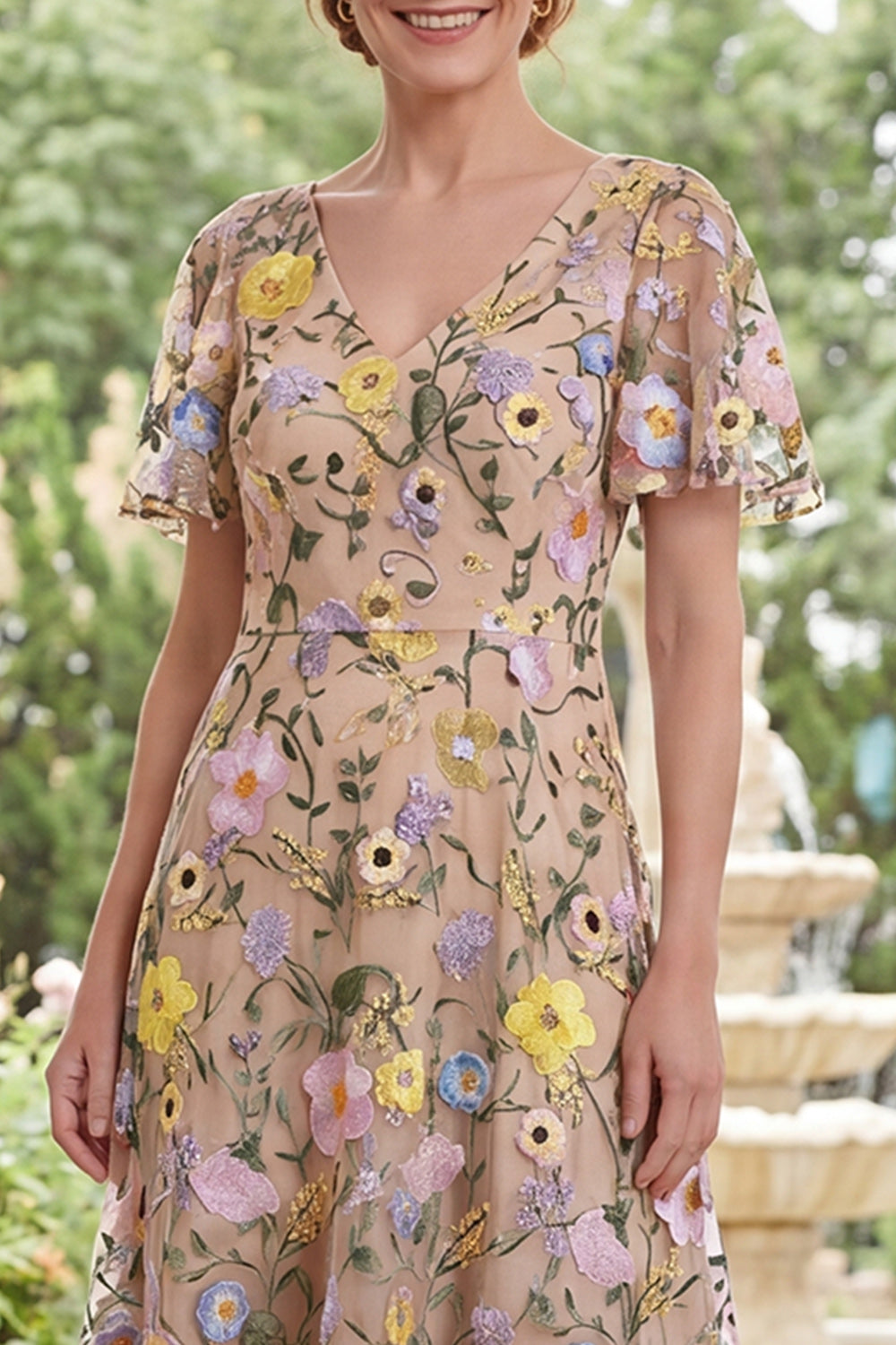 Champagne Floral V-Neck A Line Long Mother of the Bride Dress