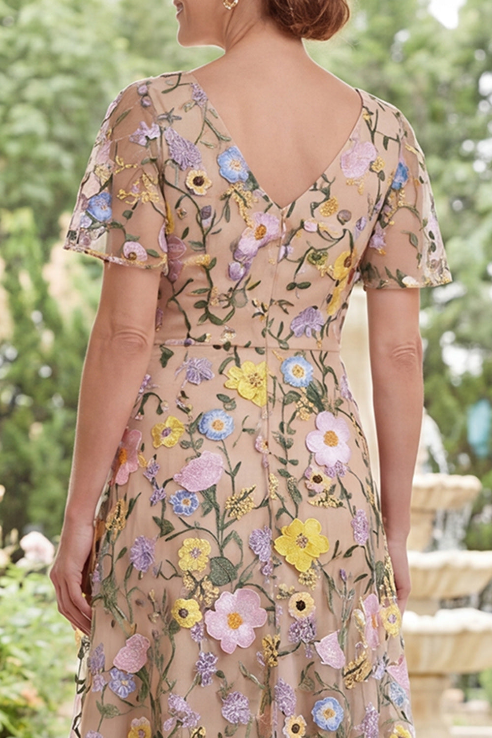Champagne Floral V-Neck A Line Long Mother of the Bride Dress