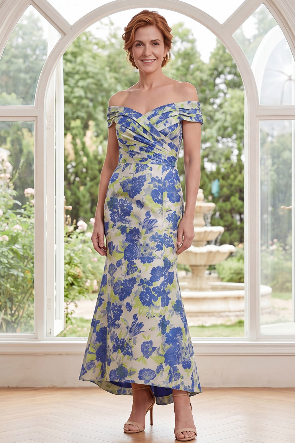 Blue Daffodil Flower Off the Shoulder Mermaid Long Mother of the Bride Dress