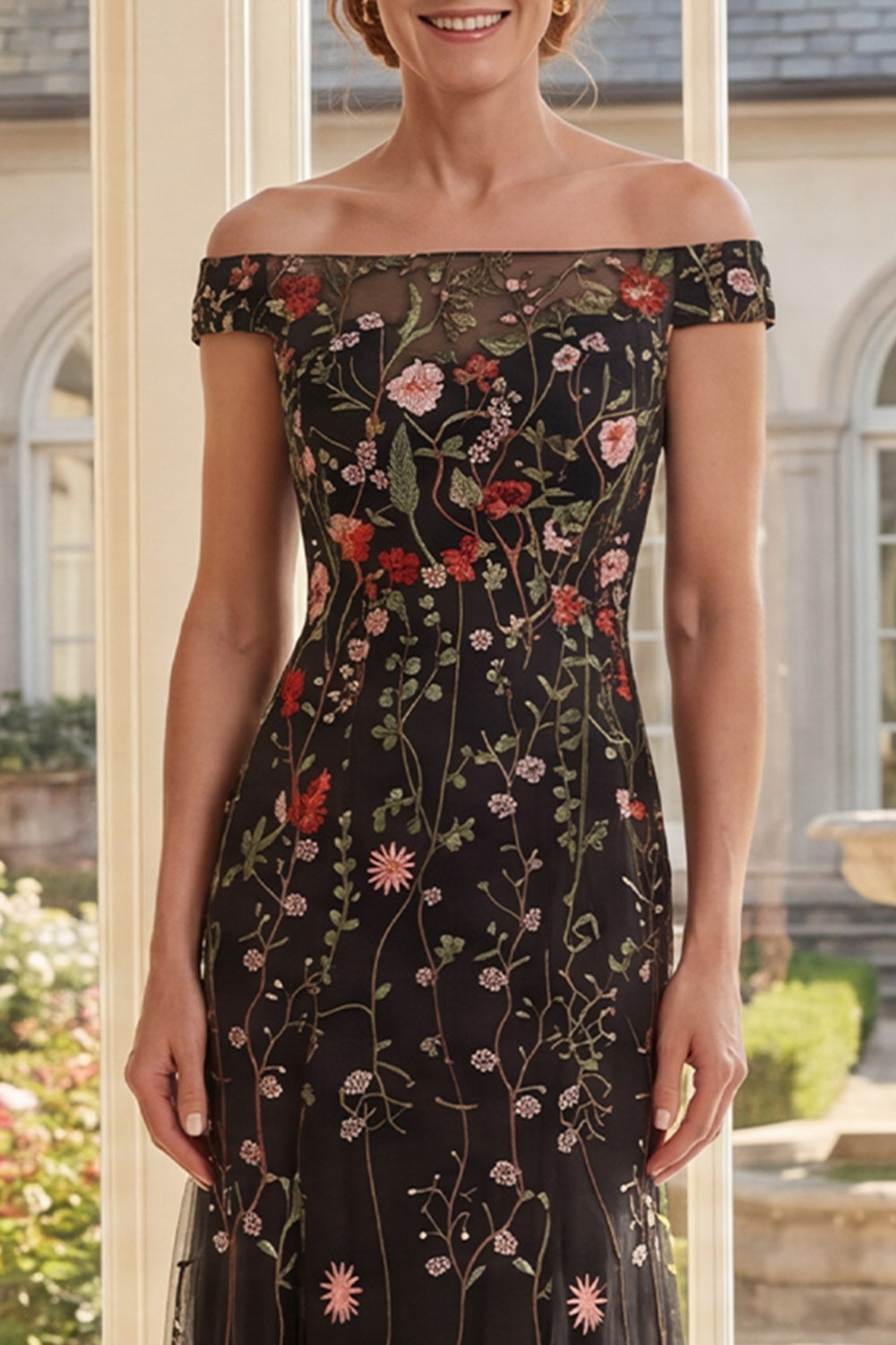 Black Floral Mermaid Off the Shoulder Long Mother of the Bride Dress