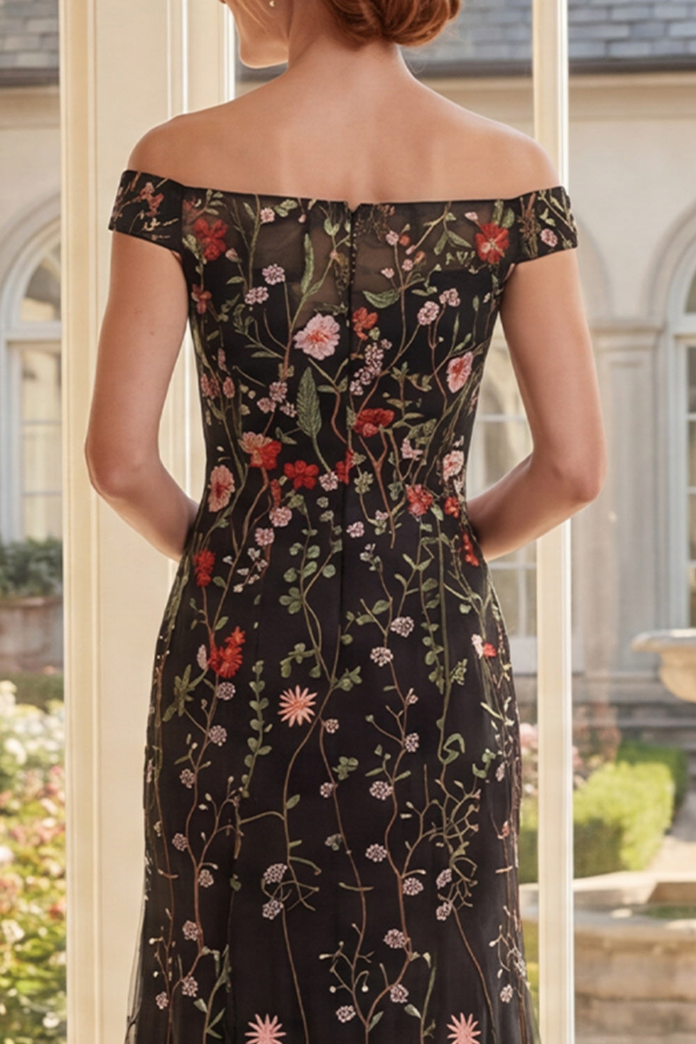 Black Floral Mermaid Off the Shoulder Long Mother of the Bride Dress