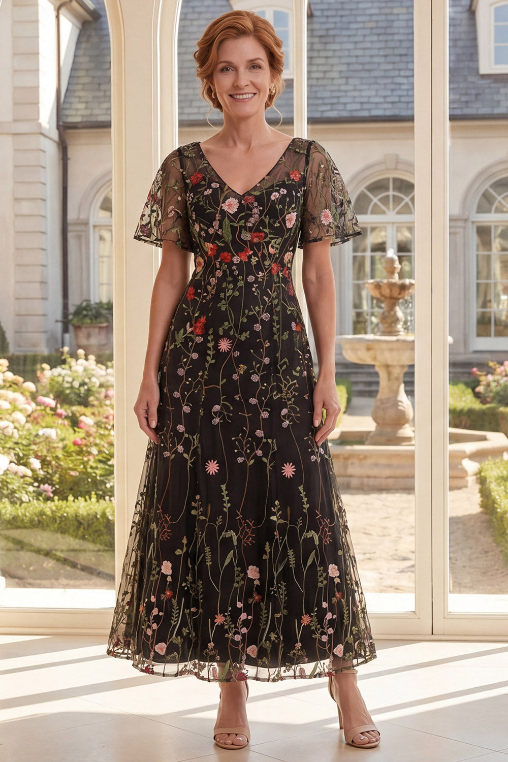 Black Floral A Line Short Sleeves Long Mother of the Bride Dress
