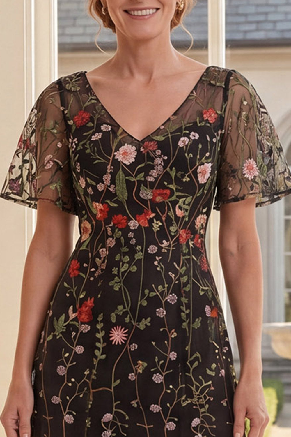 Black Floral A Line Short Sleeves Long Mother of the Bride Dress