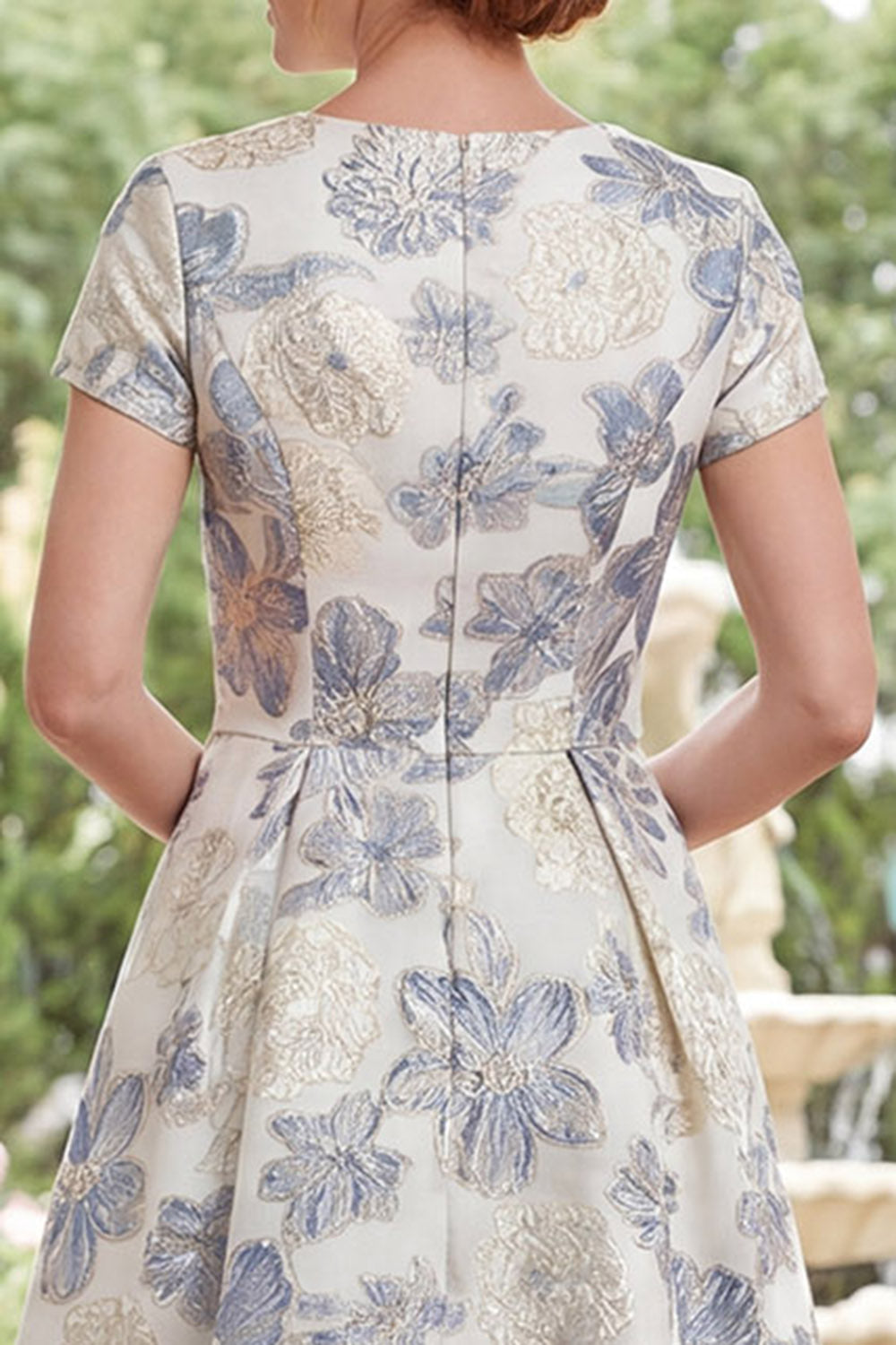 Dusty Blue Floral Round Neck A Line Long Mother of the Bride Dress