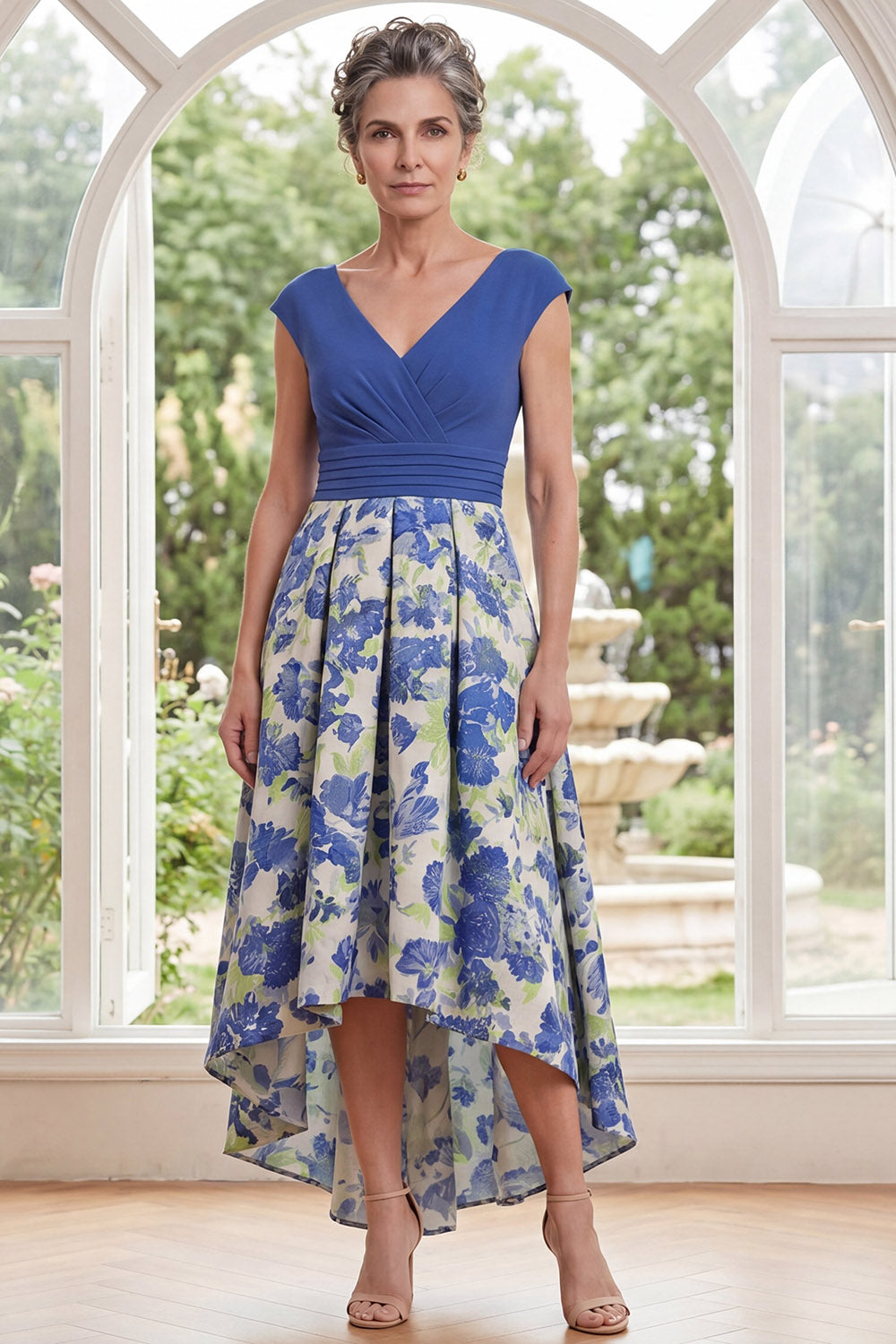 Blue Daffodil A Line Flower High Low V-Neck Mother of the Bride Dress