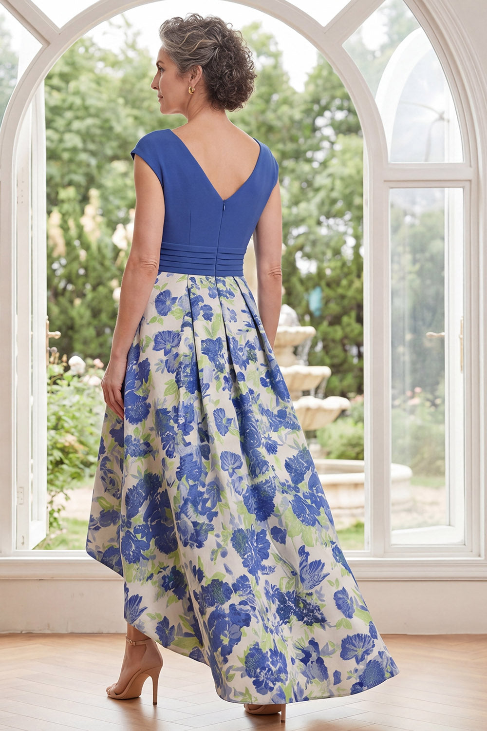 Blue Daffodil A Line Flower High Low V-Neck Mother of the Bride Dress