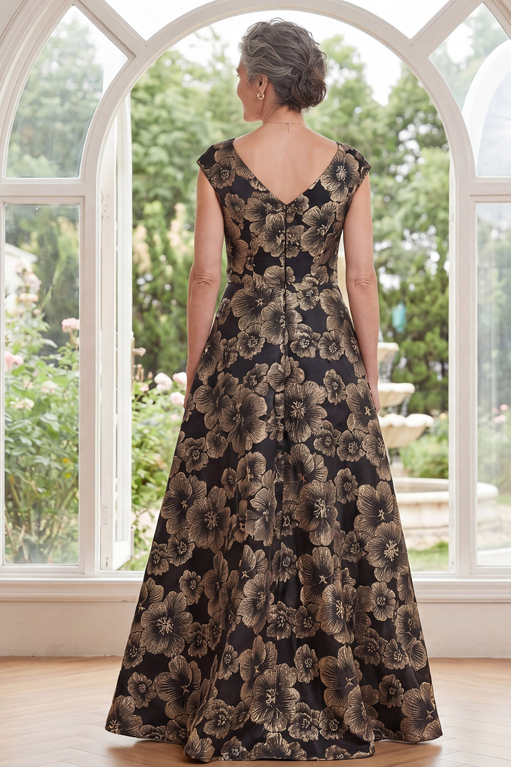Black Floral A Line V-Neck Long Mother of the Bride Dress with Slit