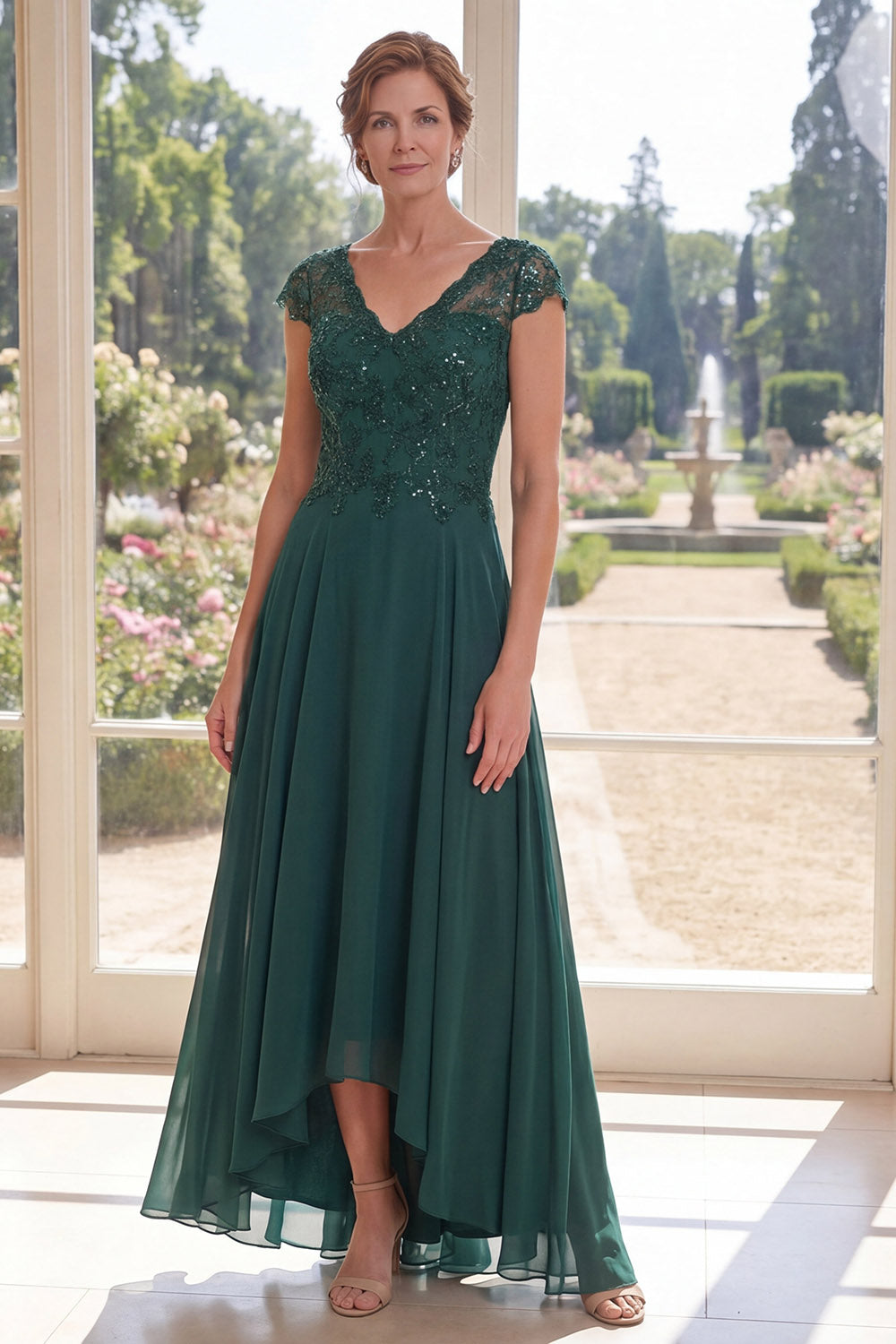 Dark Green Beaded Cap Sleeves A Line Long Mother of the Bride Dress
