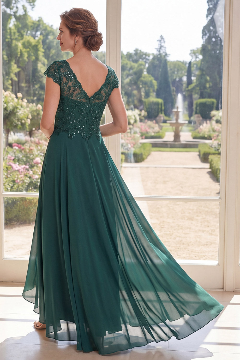 Dark Green Beaded Cap Sleeves A Line Long Mother of the Bride Dress