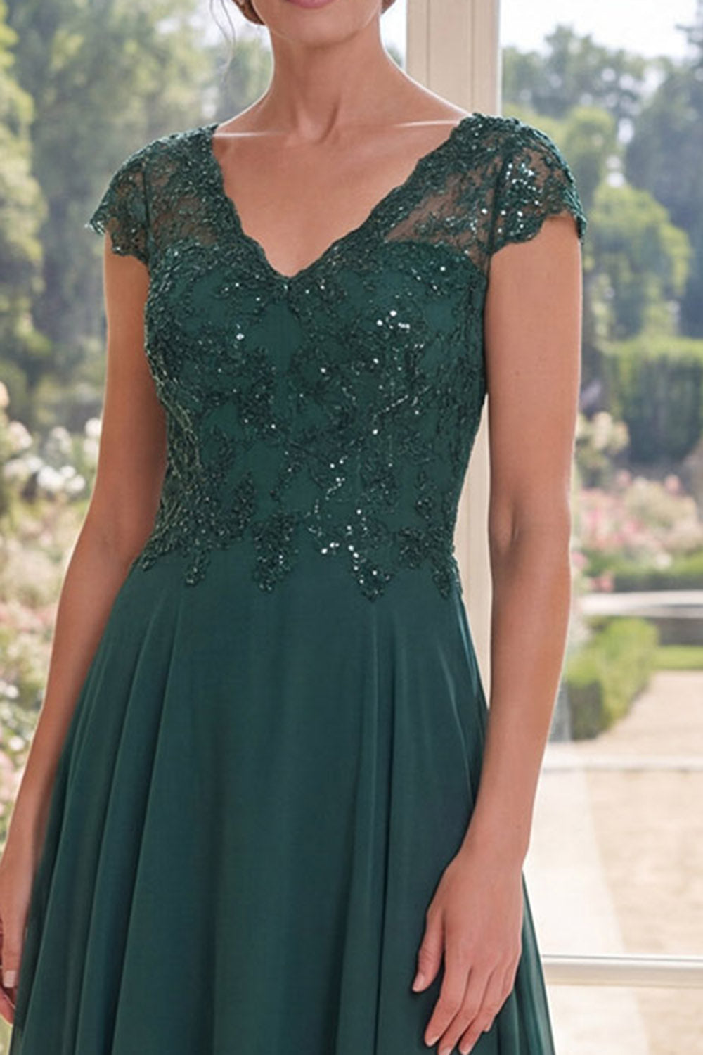 Dark Green Beaded Cap Sleeves A Line Long Mother of the Bride Dress