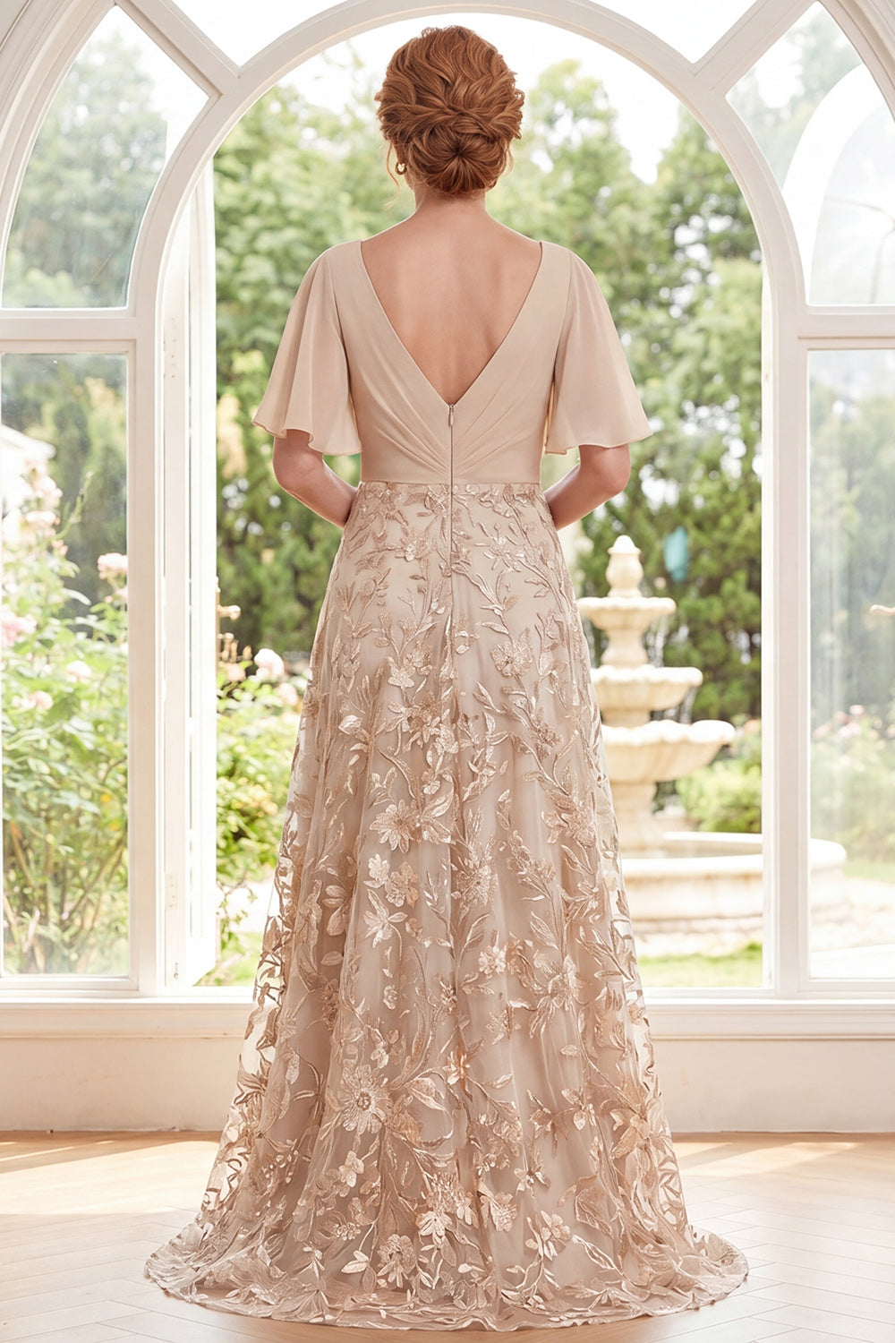 Champagne V-Neck Floral A Line Long Ruched Mother of the Bride Dress