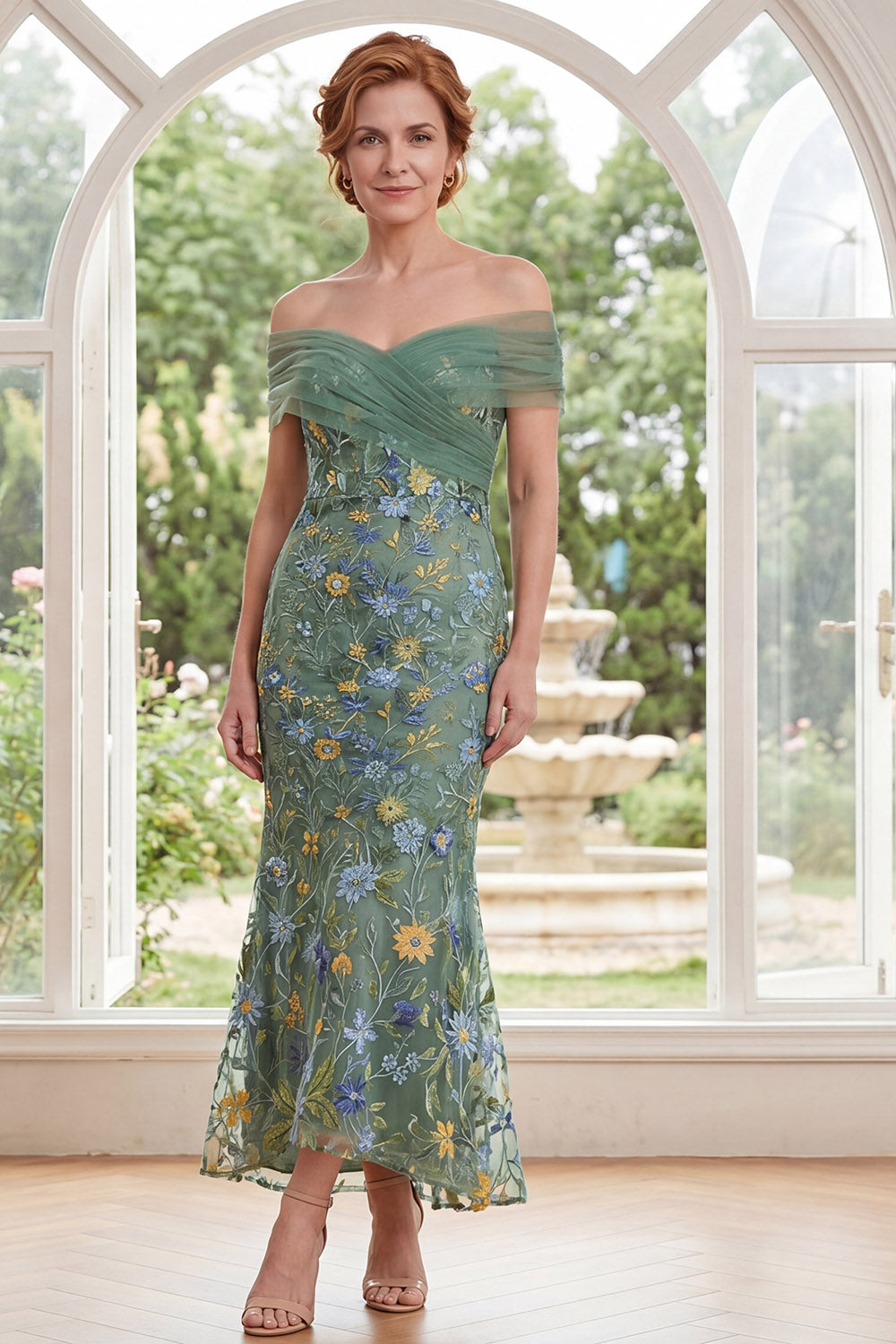 Green Ruched Off the Shoulder Floral Mermaid Long Mother of the Bride Dress