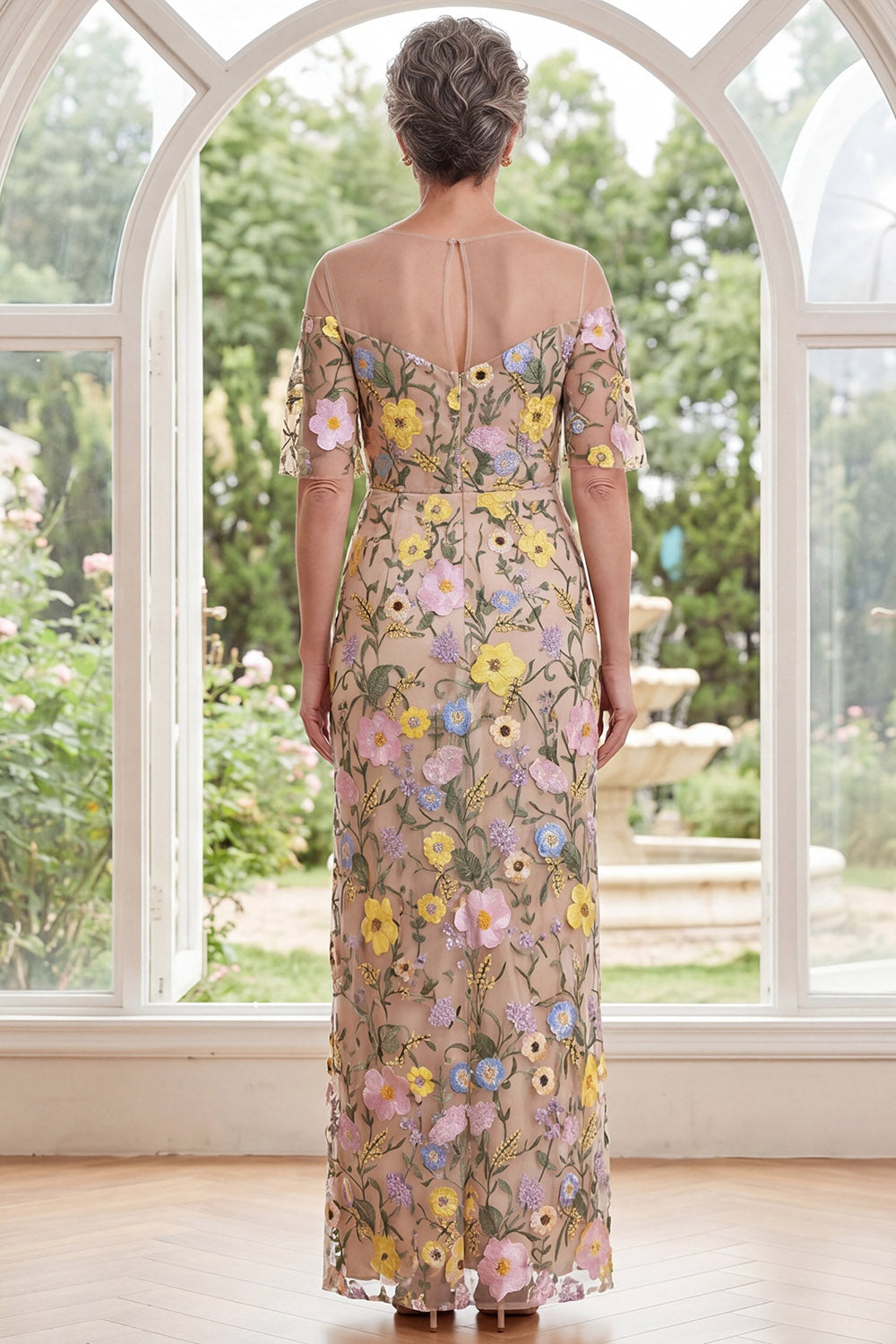 Champagne Floral Boat Neck Sheath Long Mother of the Bride Dress with Slit