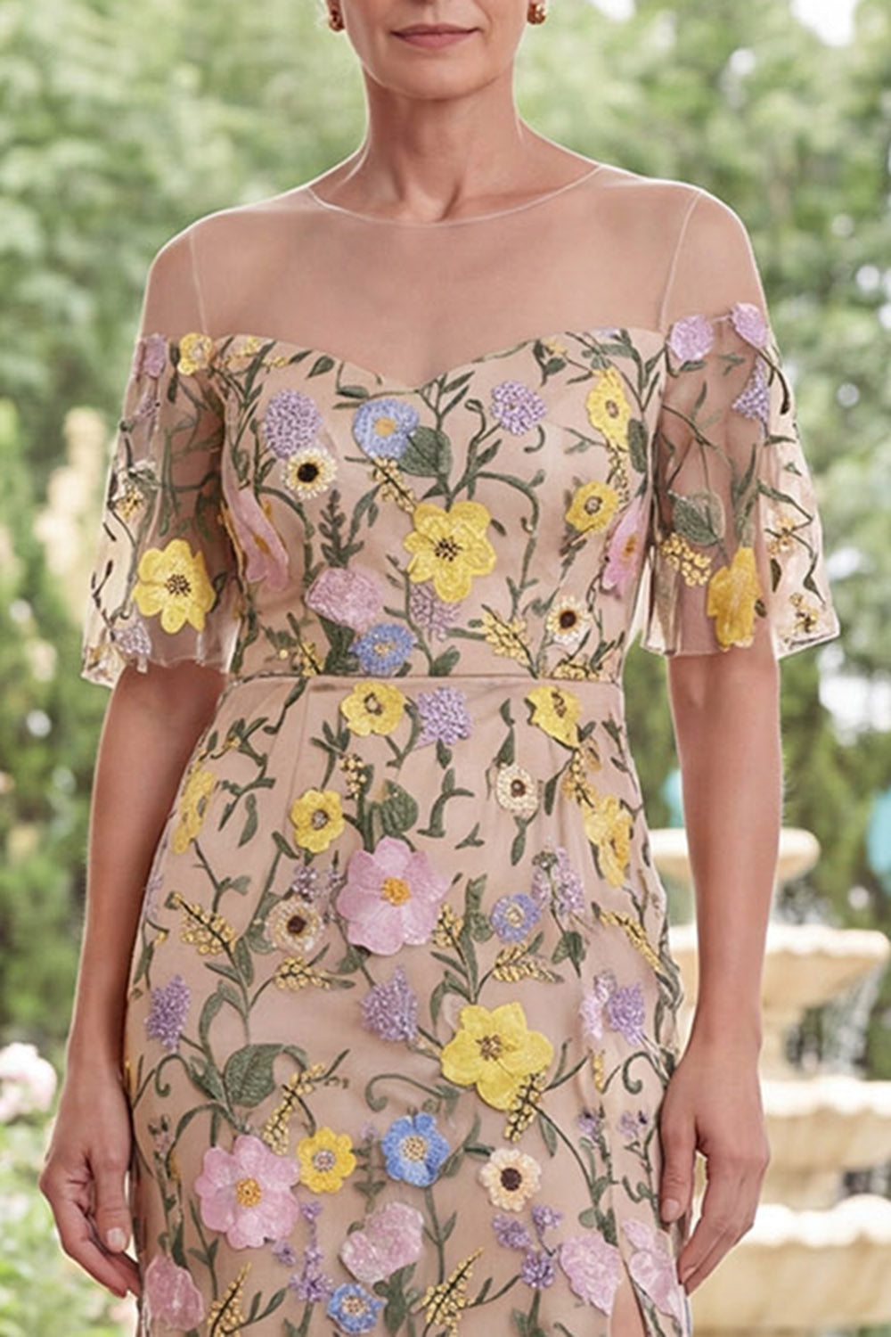 Champagne Floral Boat Neck Sheath Long Mother of the Bride Dress with Slit