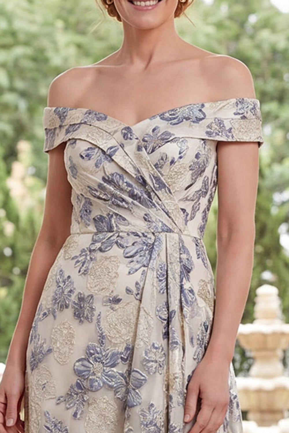 Dusty Blue Floral Off the Shoulder A Line Asymmetrical Mother of the Bride Dress