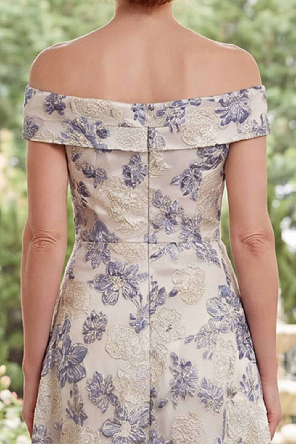 Dusty Blue Floral Off the Shoulder A Line Asymmetrical Mother of the Bride Dress