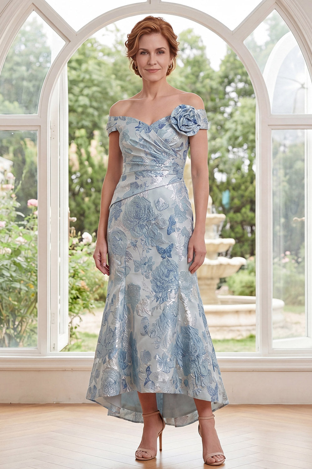 Blue Floral Mermaid Off the Shoulder Ruched Long Mother of the Bride Dress