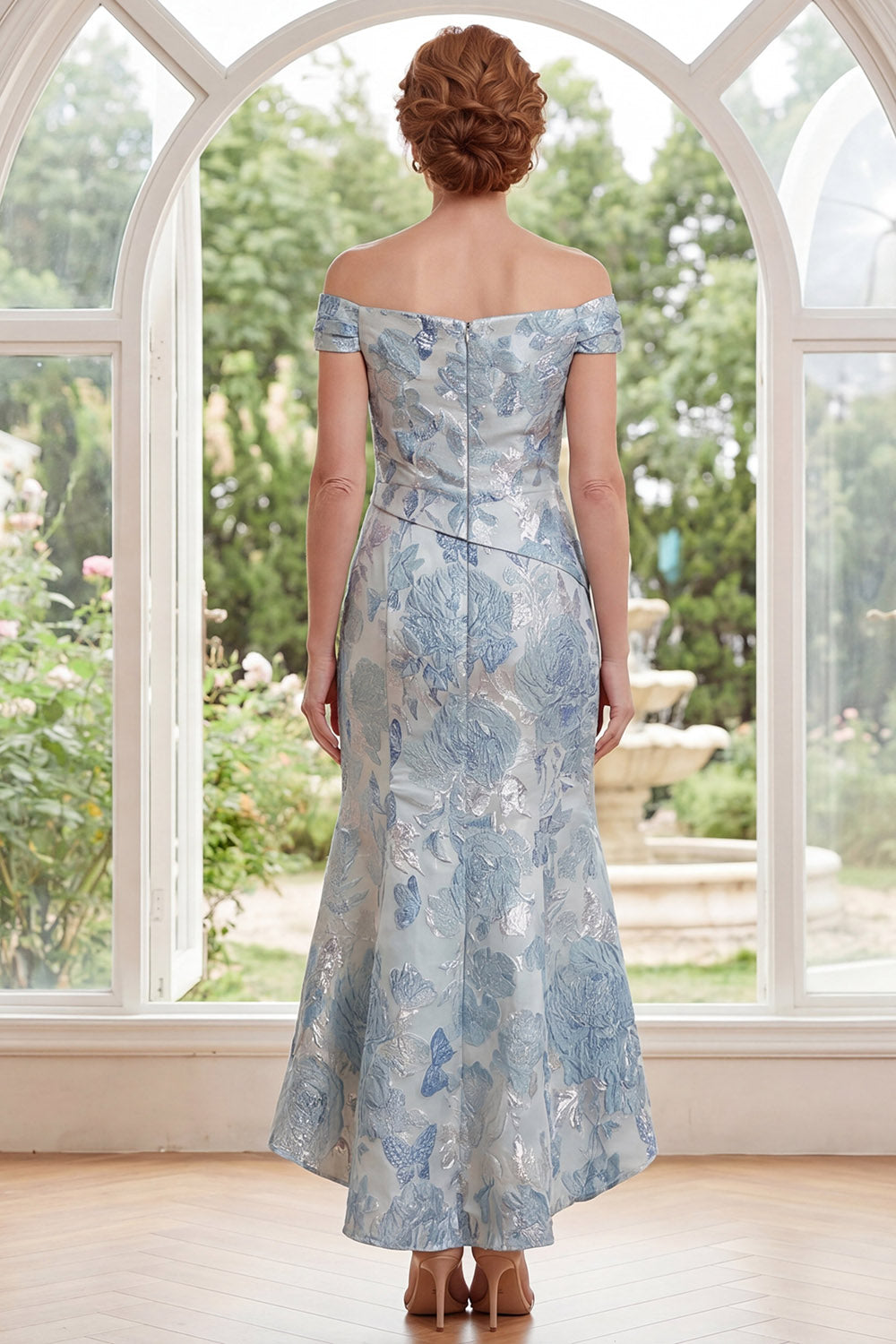 Blue Floral Mermaid Off the Shoulder Ruched Long Mother of the Bride Dress