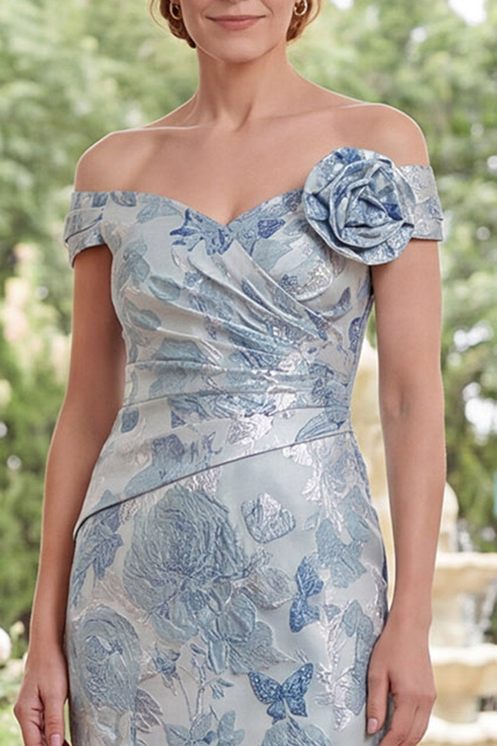 Blue Floral Mermaid Off the Shoulder Ruched Long Mother of the Bride Dress