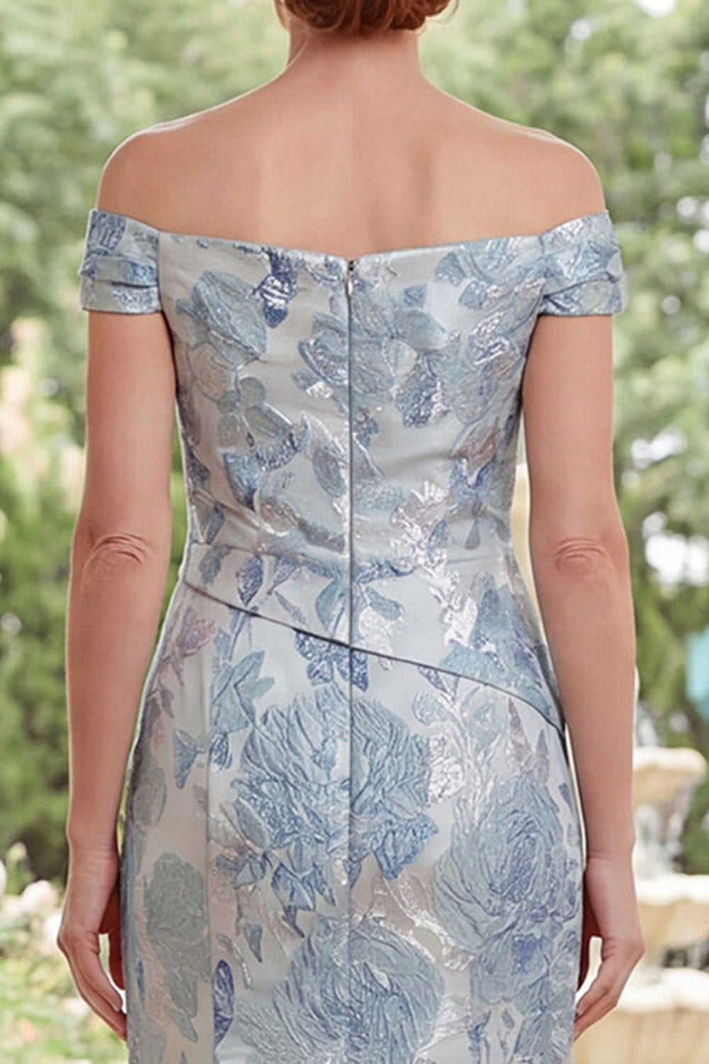 Blue Floral Mermaid Off the Shoulder Ruched Long Mother of the Bride Dress