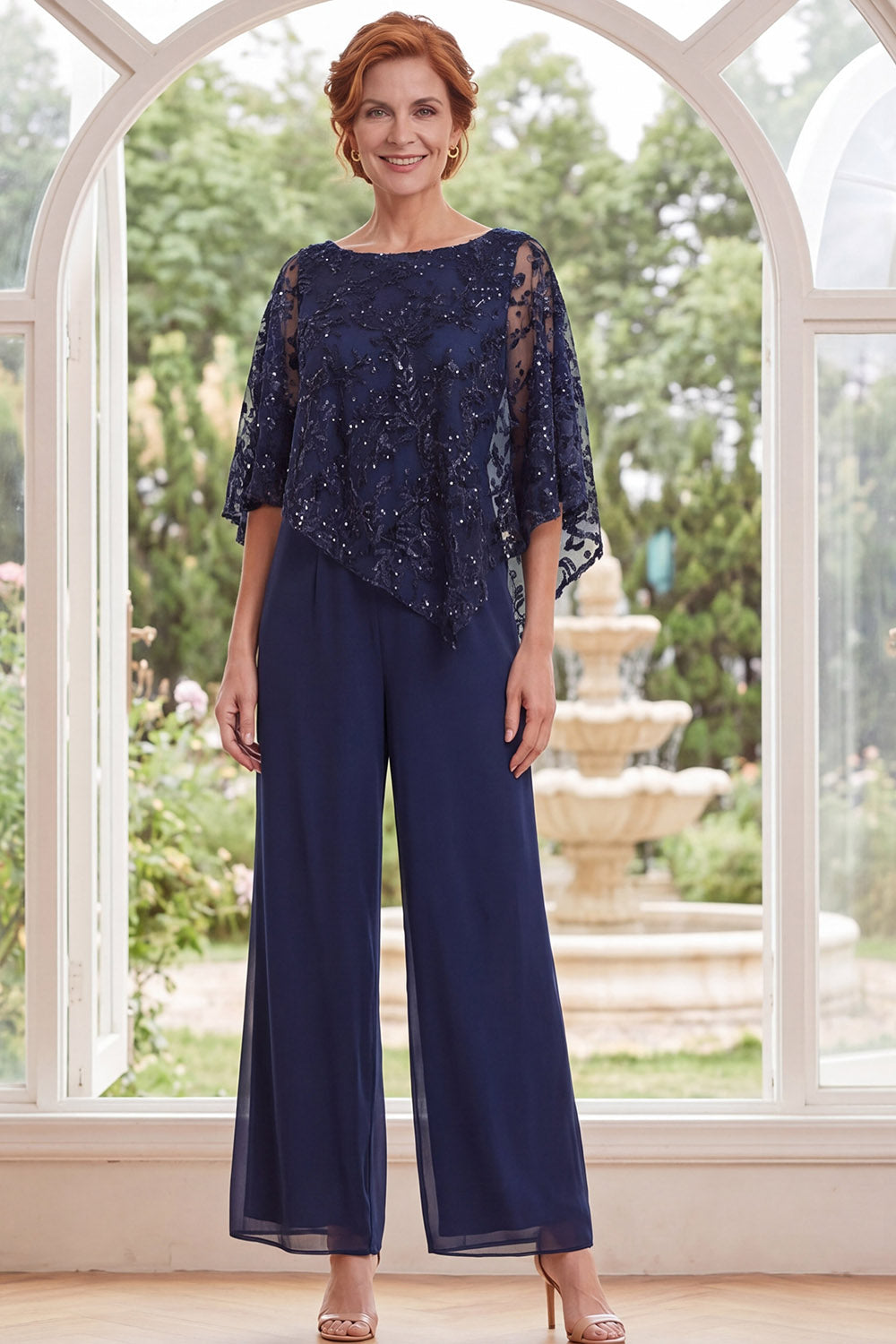 Sparkly Navy Beaded Long Mother of the Bride Jumpsuits with Cape