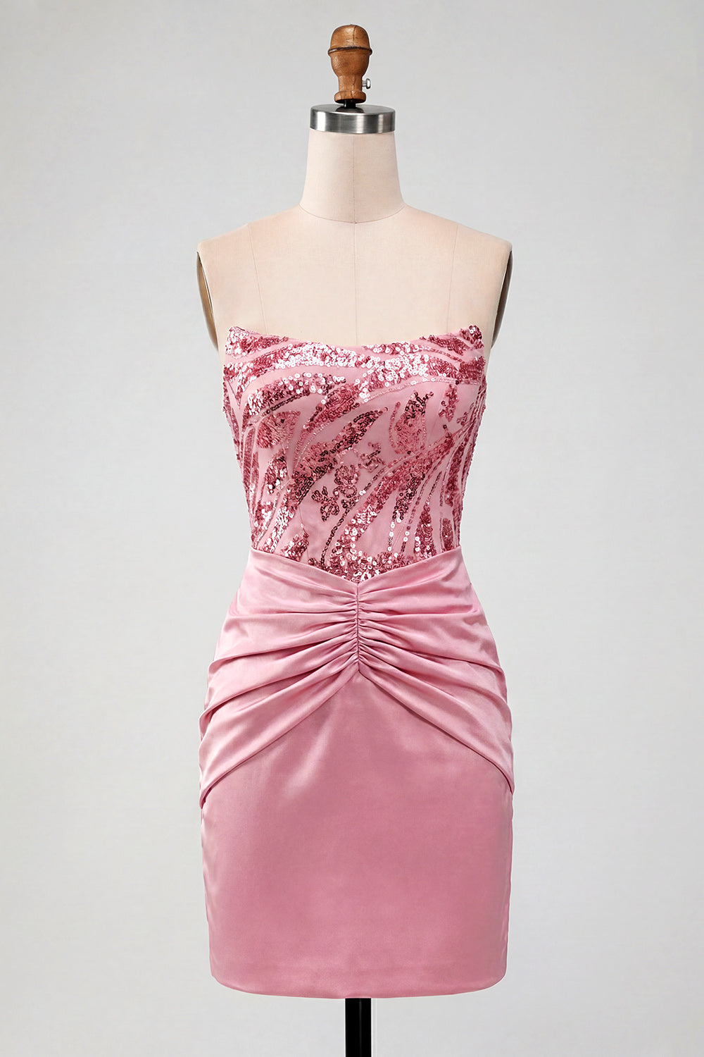 Sparkly Pink Strapless Ruched Tight Short Sequin Homecoming Dress