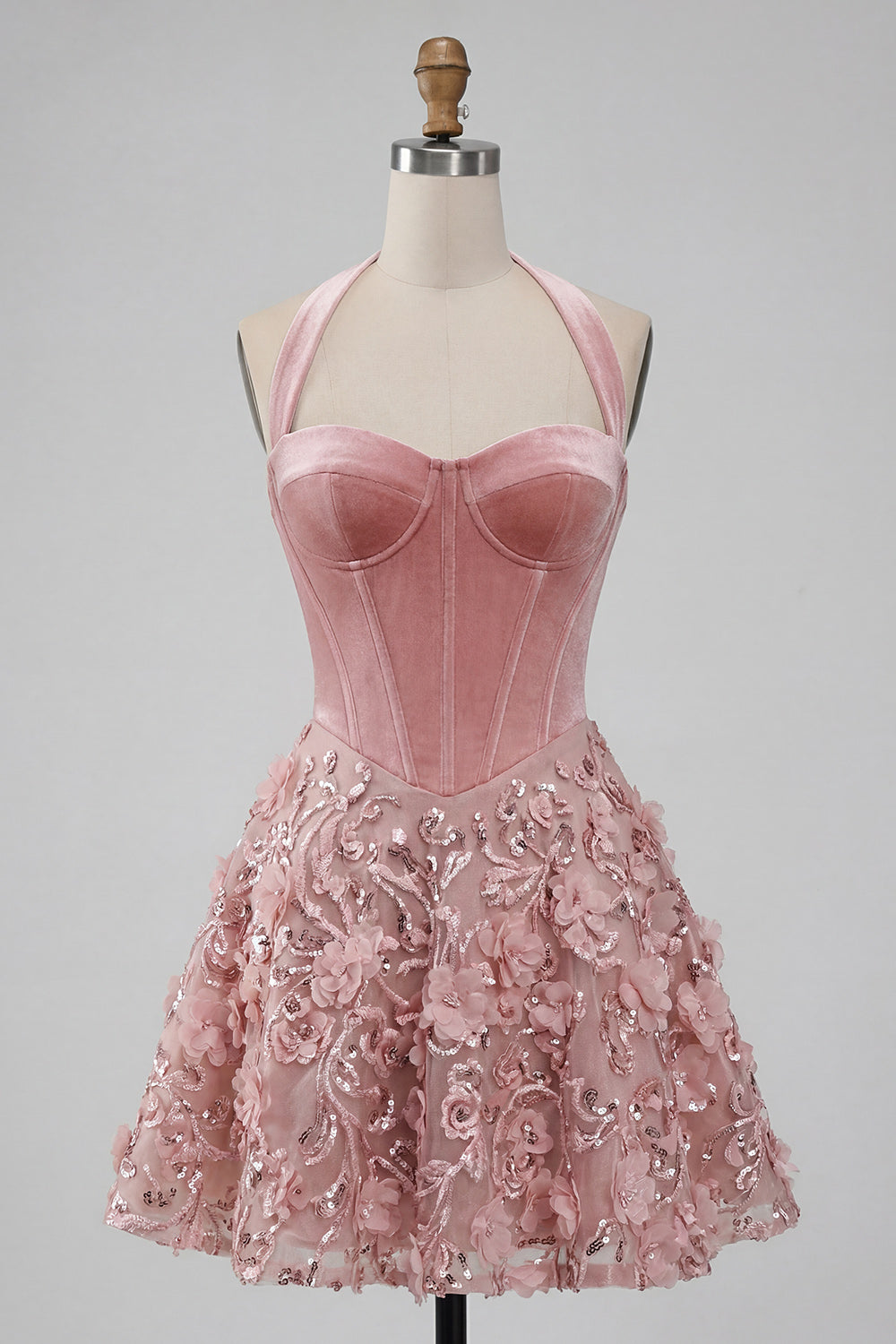 Sparkly Pink Velvet Halter Floral A Line Short Corset Homecoming Dress