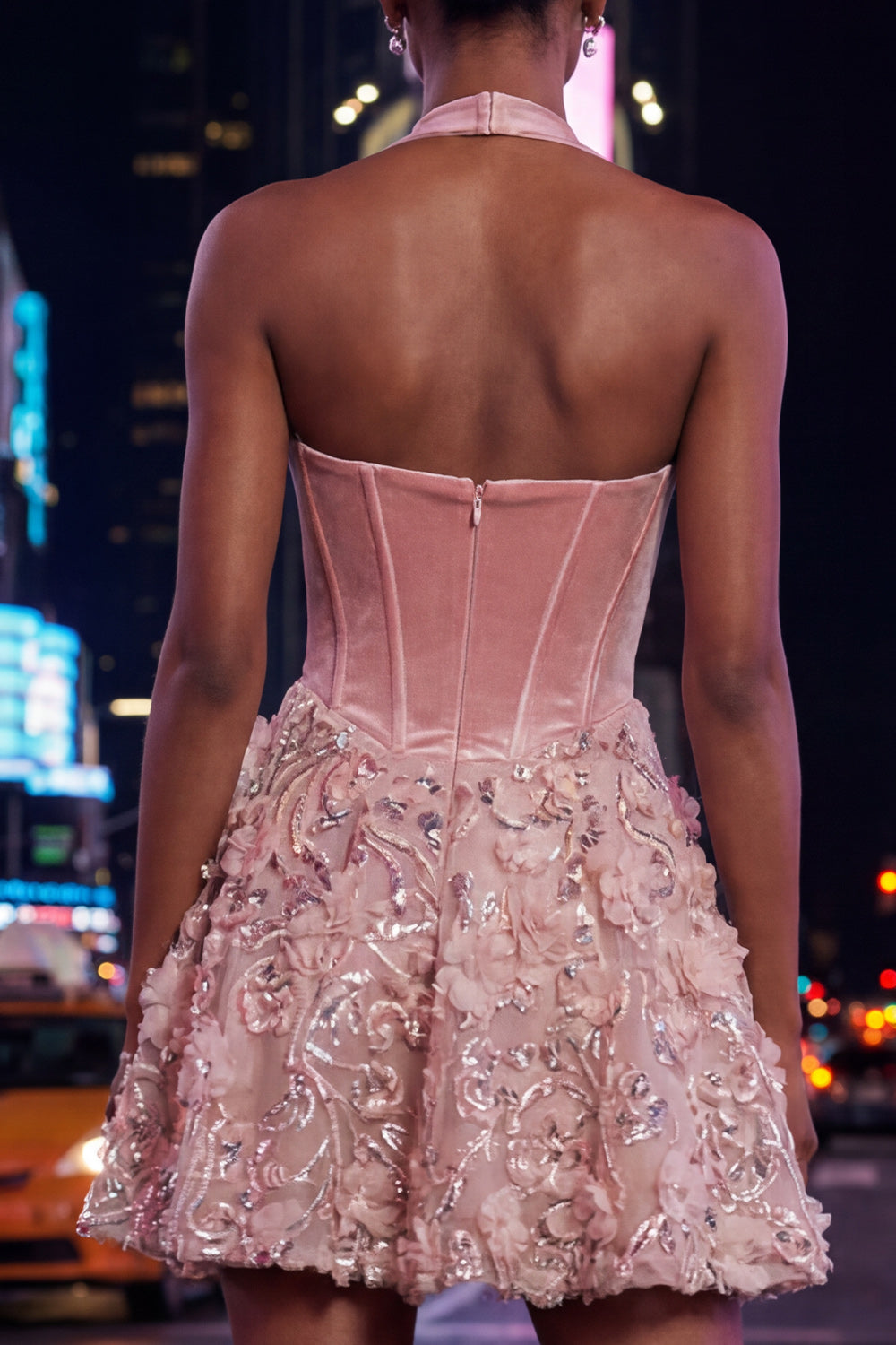 Sparkly Pink Velvet Halter Floral A Line Short Corset Homecoming Dress