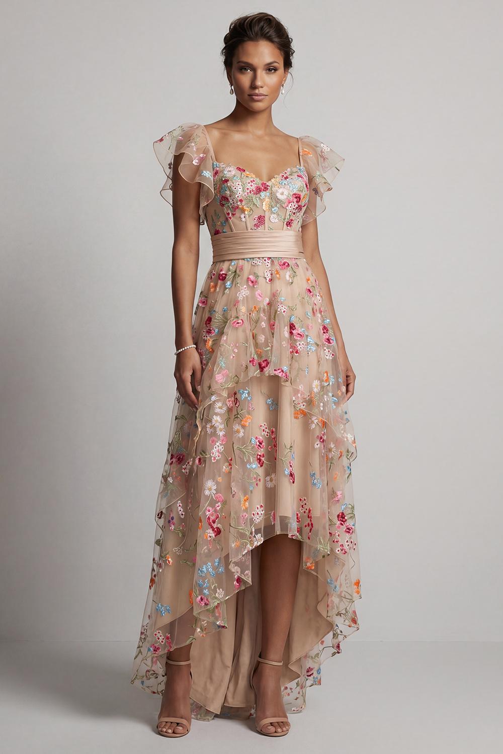 Champagne Floral A Line High Low Corset Mother of the Bride Dress with Ruffles