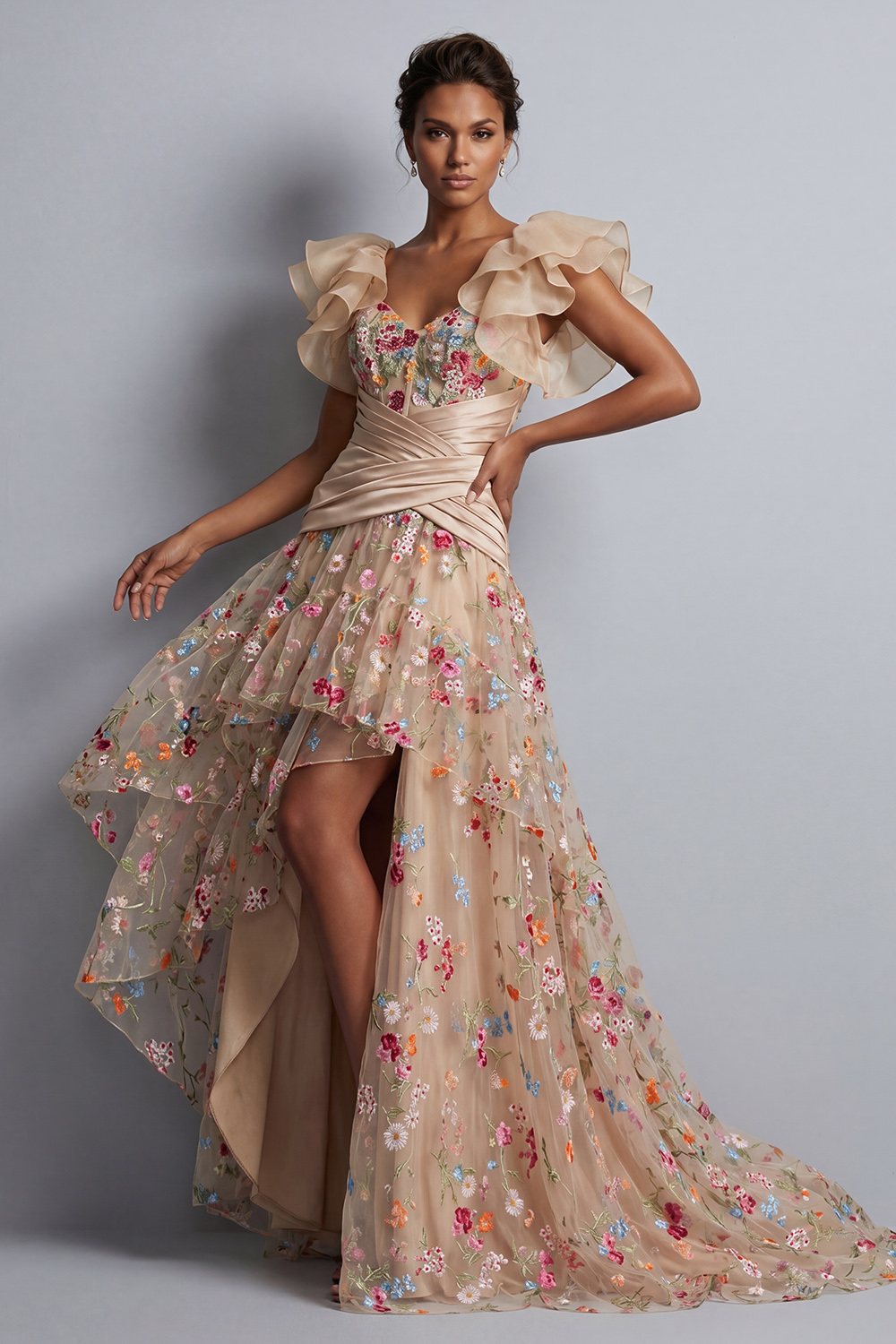 Champagne Floral A Line Ruched High Low Corset Mother of the Bride Dress with Ruffles