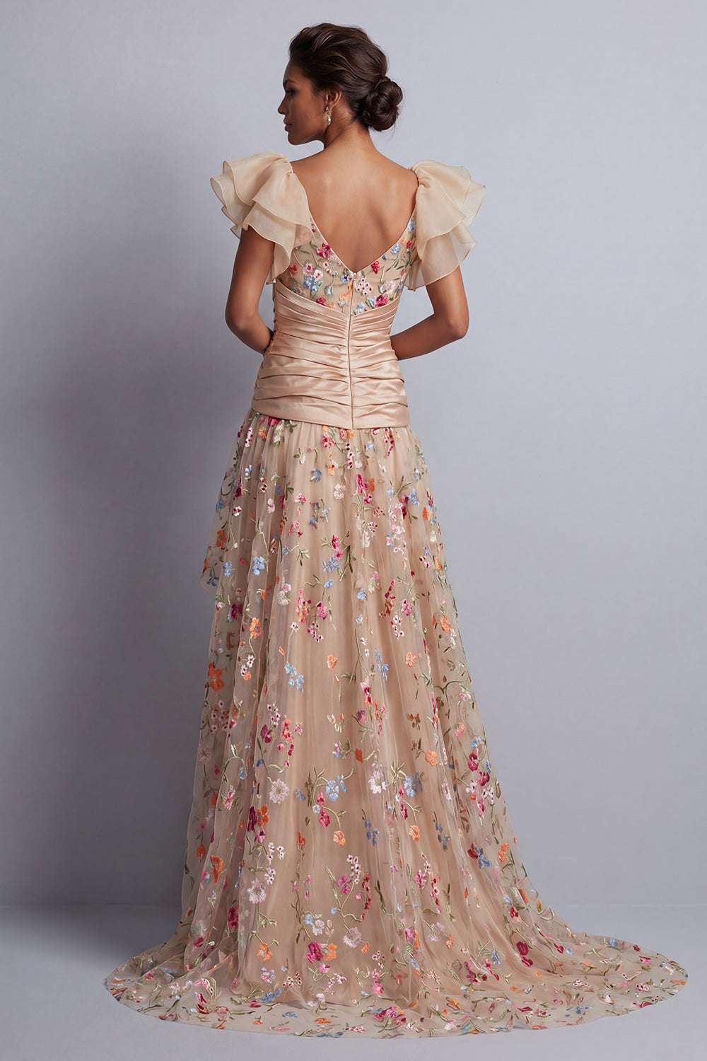 Champagne Floral A Line Ruched High Low Corset Mother of the Bride Dress with Ruffles