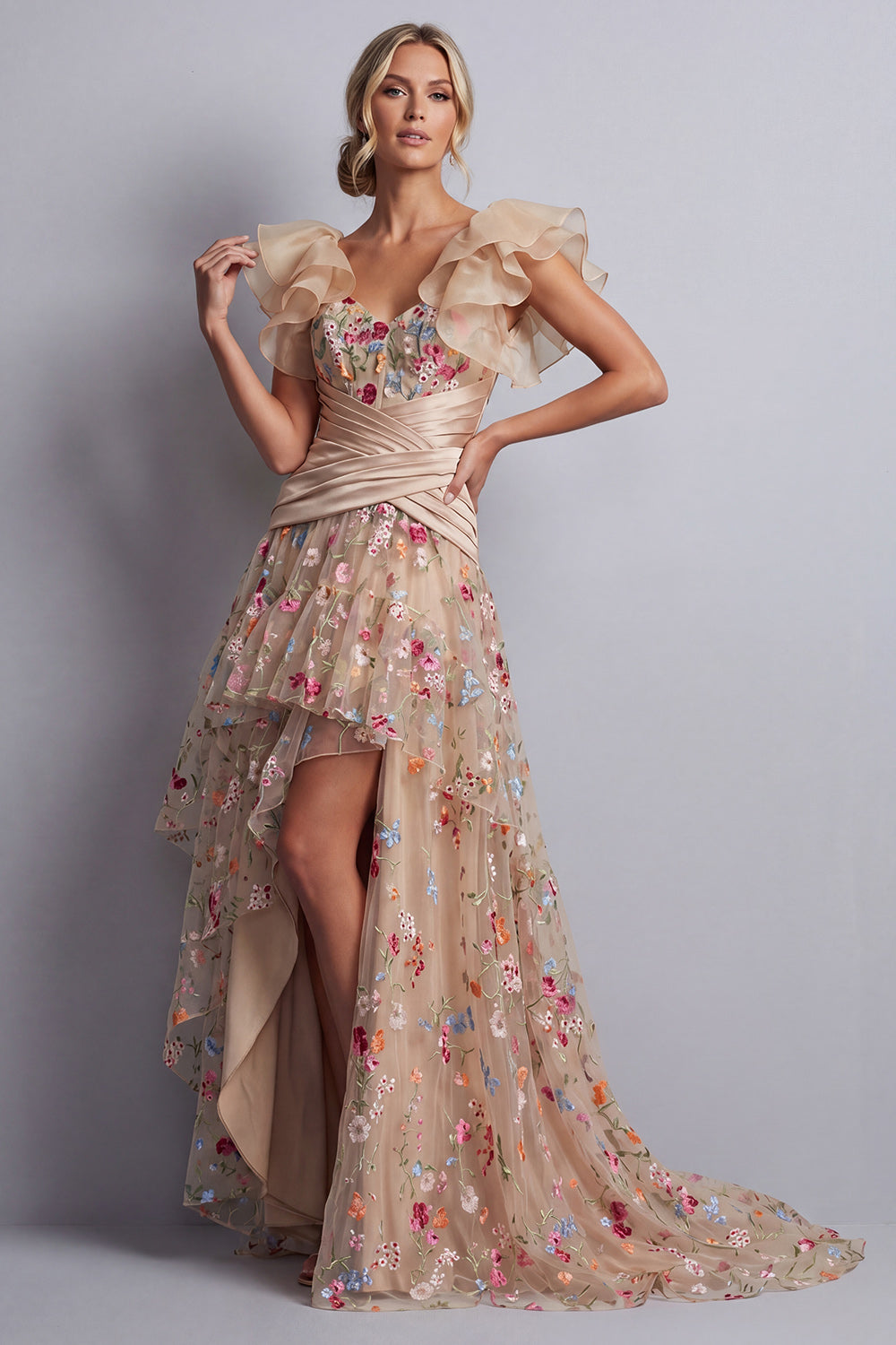 Champagne Floral A Line Ruched High Low Corset Mother of the Bride Dress with Ruffles