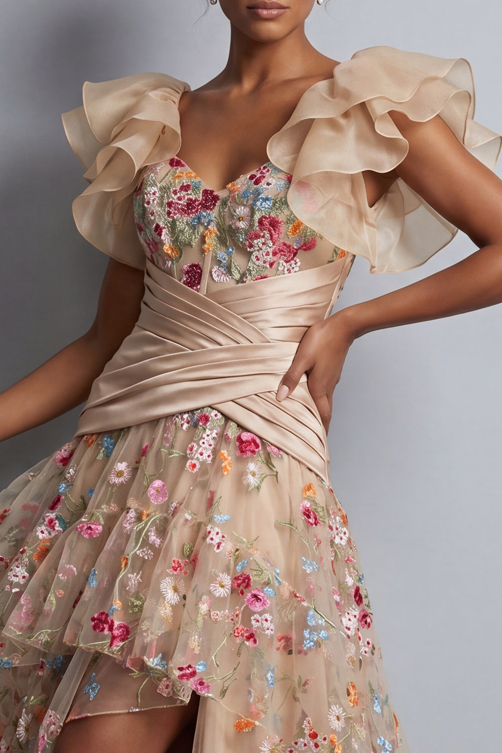 Champagne Floral A Line Ruched High Low Corset Mother of the Bride Dress with Ruffles