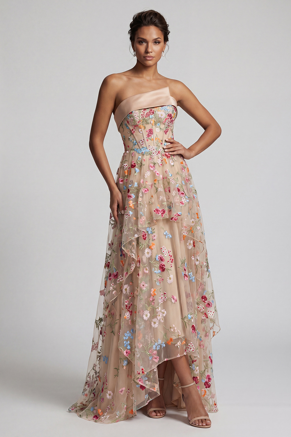 Floral Champagne Strapless A Line Long Corset Mother of the Bride Dress with Ruffles