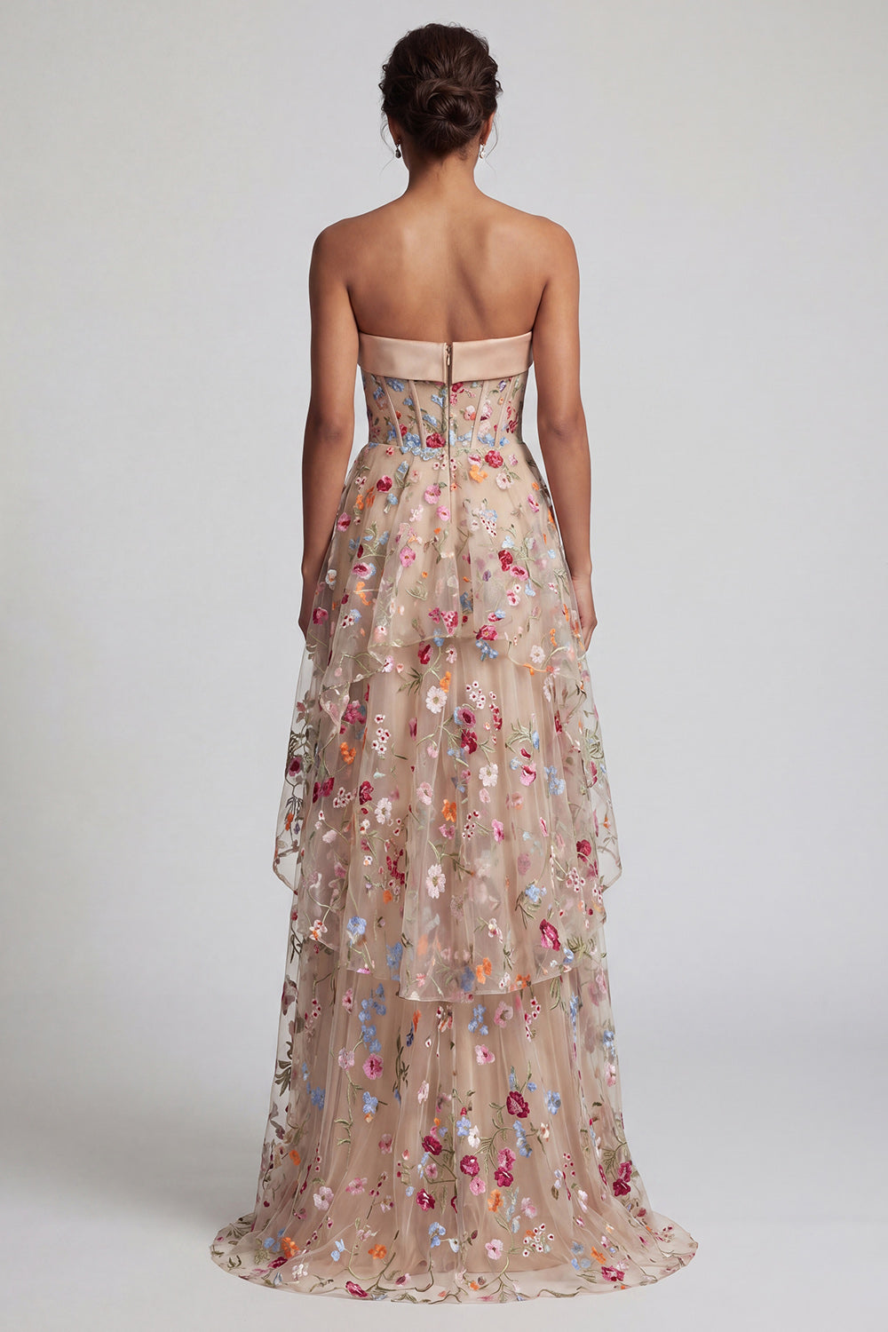 Floral Champagne Strapless A Line Long Corset Mother of the Bride Dress with Ruffles