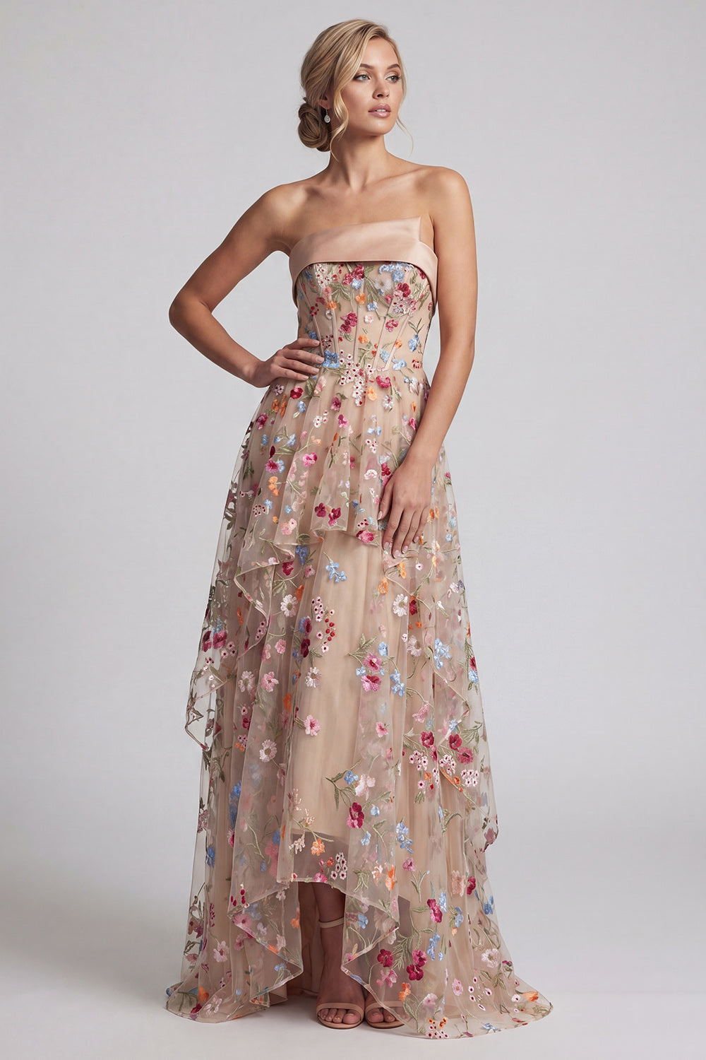 Floral Champagne Strapless A Line Long Corset Mother of the Bride Dress with Ruffles
