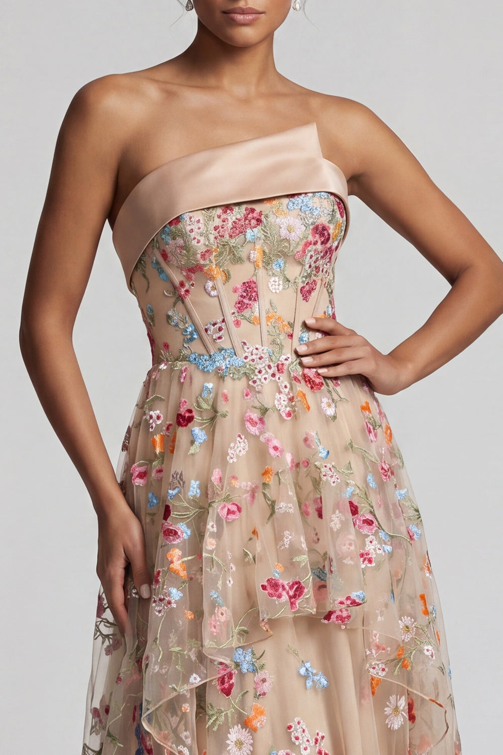 Floral Champagne Strapless A Line Long Corset Mother of the Bride Dress with Ruffles