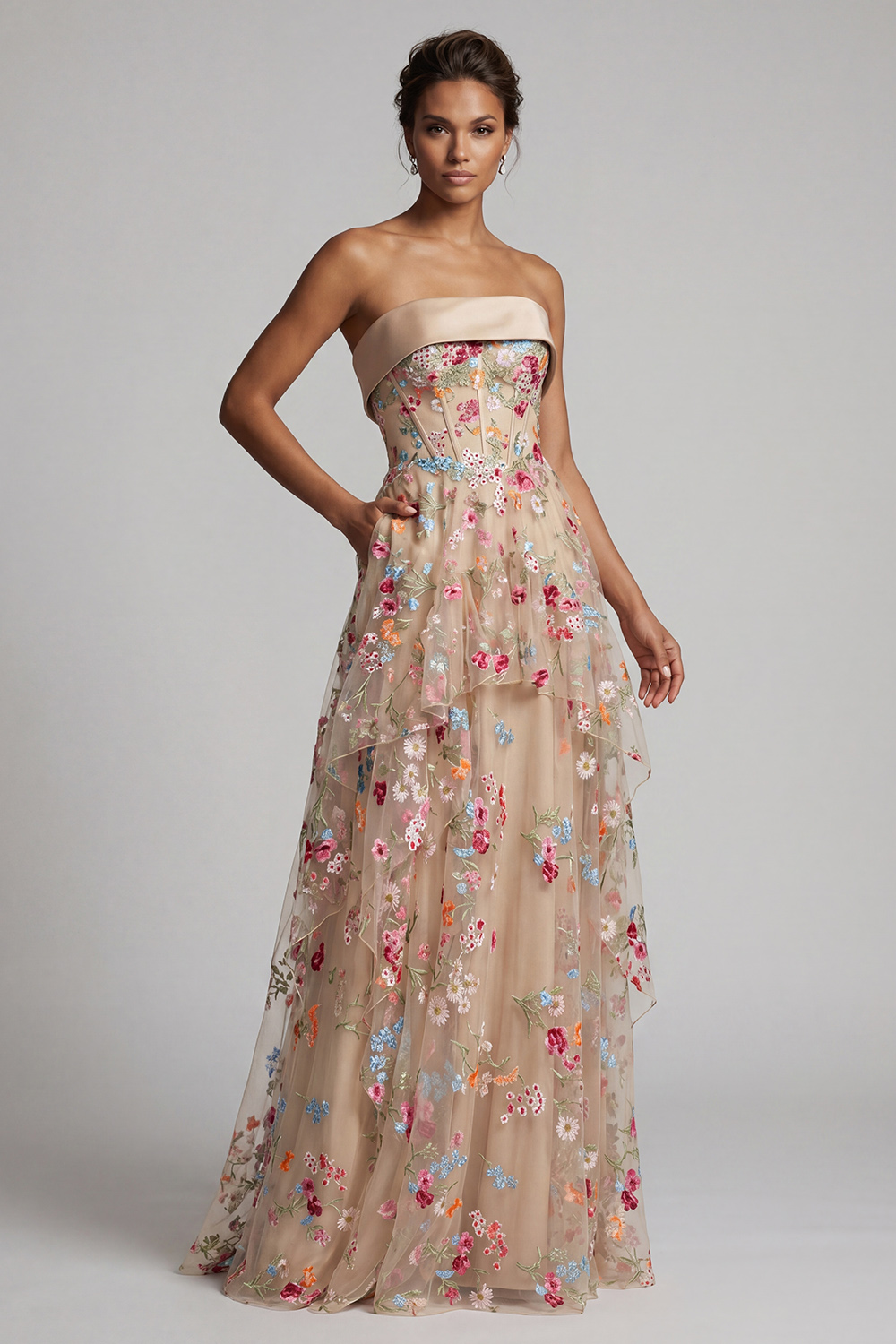 Champagne Floral Ruffled Corset A Line Long Mother of the Bride Dress with Pockets