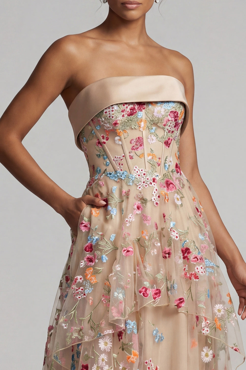 Champagne Floral Ruffled Corset A Line Long Mother of the Bride Dress with Pockets