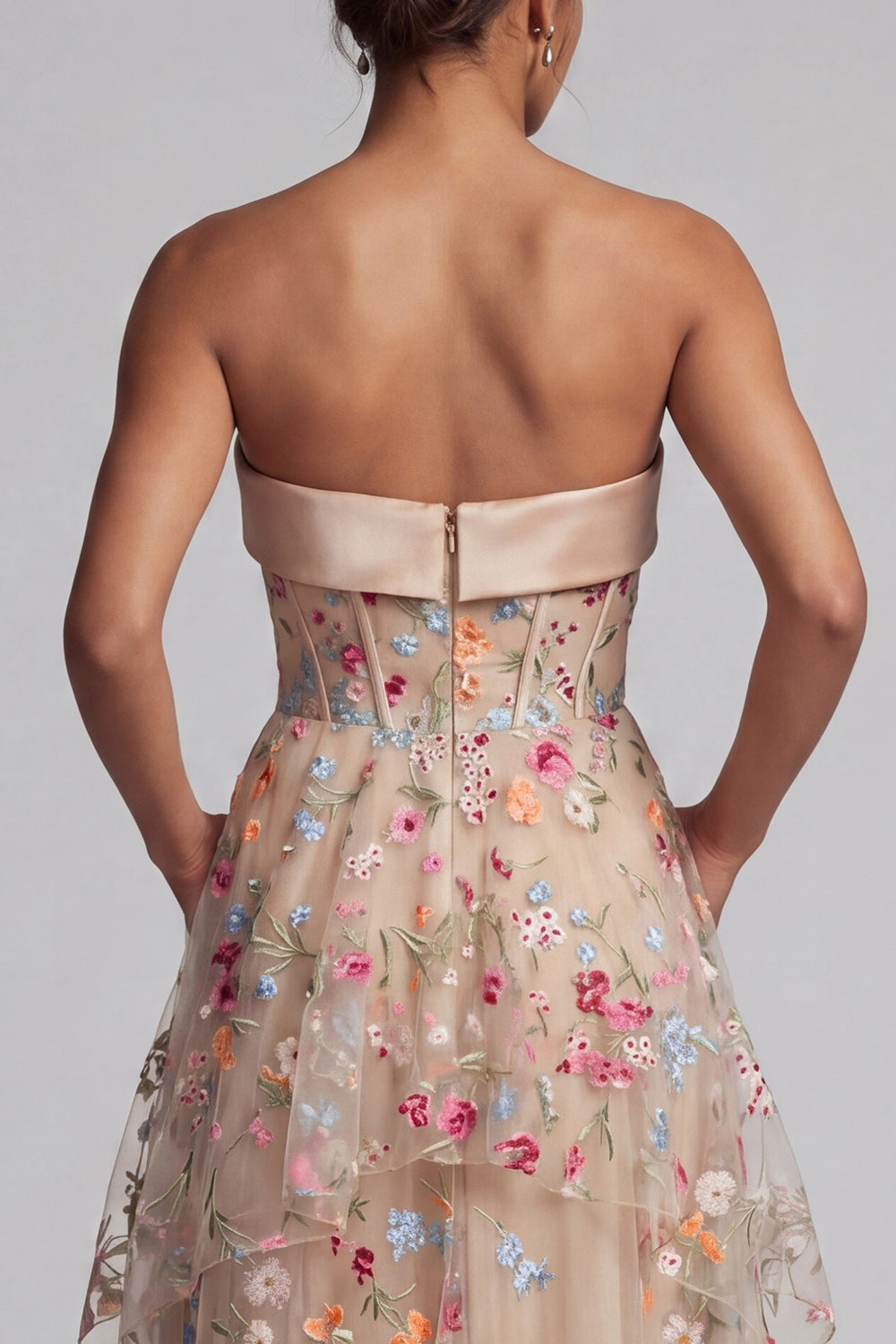 Champagne Floral Ruffled Corset A Line Long Mother of the Bride Dress with Pockets